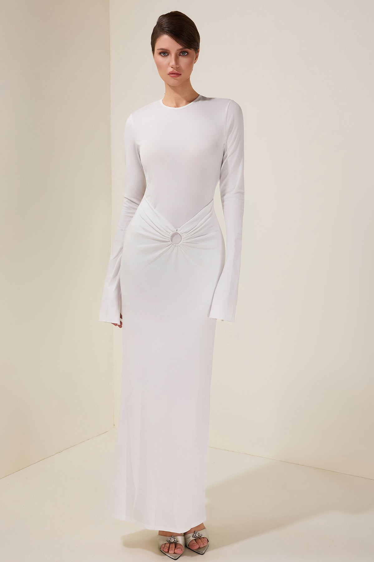 Jersey Gathering Backless Long Sleeve Maxi Dress