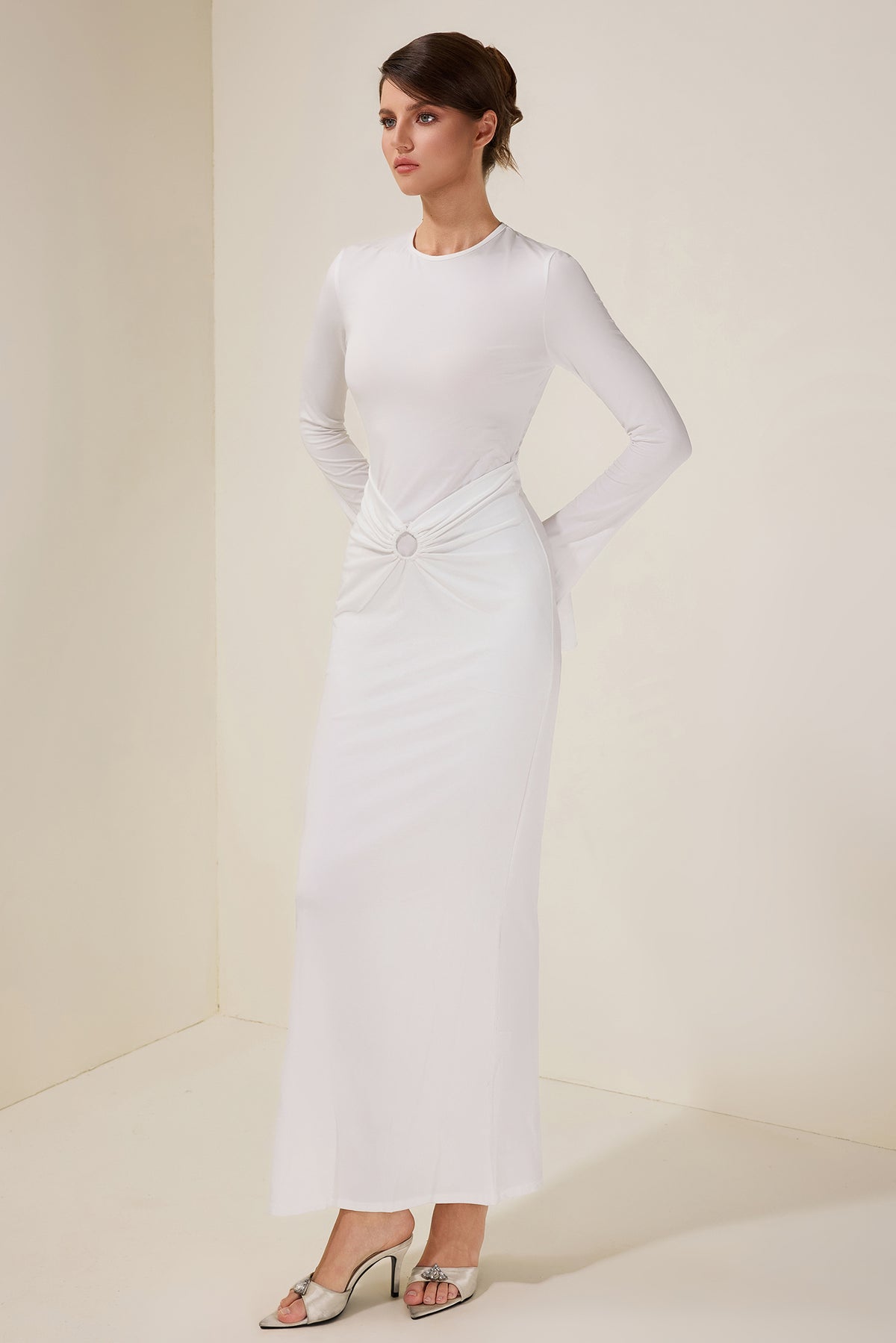 Jersey Gathering Backless Long Sleeve Maxi Dress
