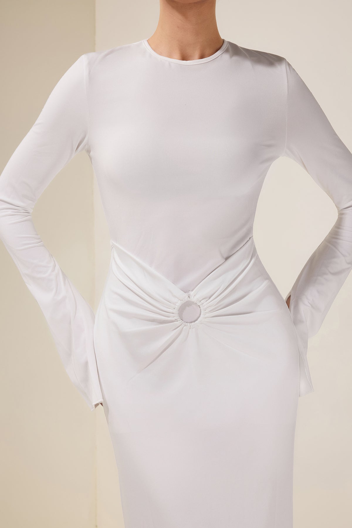 Jersey Gathering Backless Long Sleeve Maxi Dress