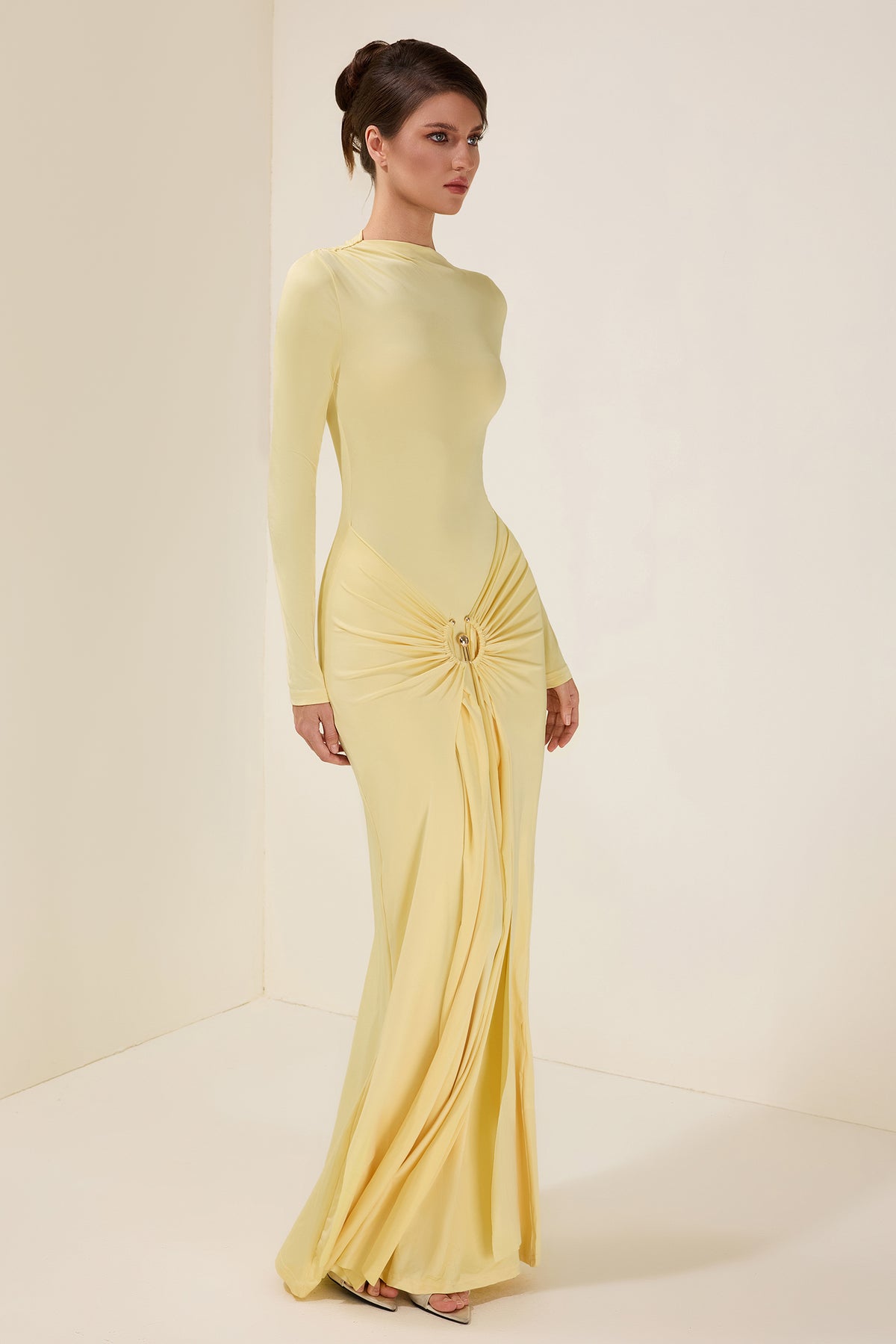 Jersey Knotted Metal Button Maxi Dress