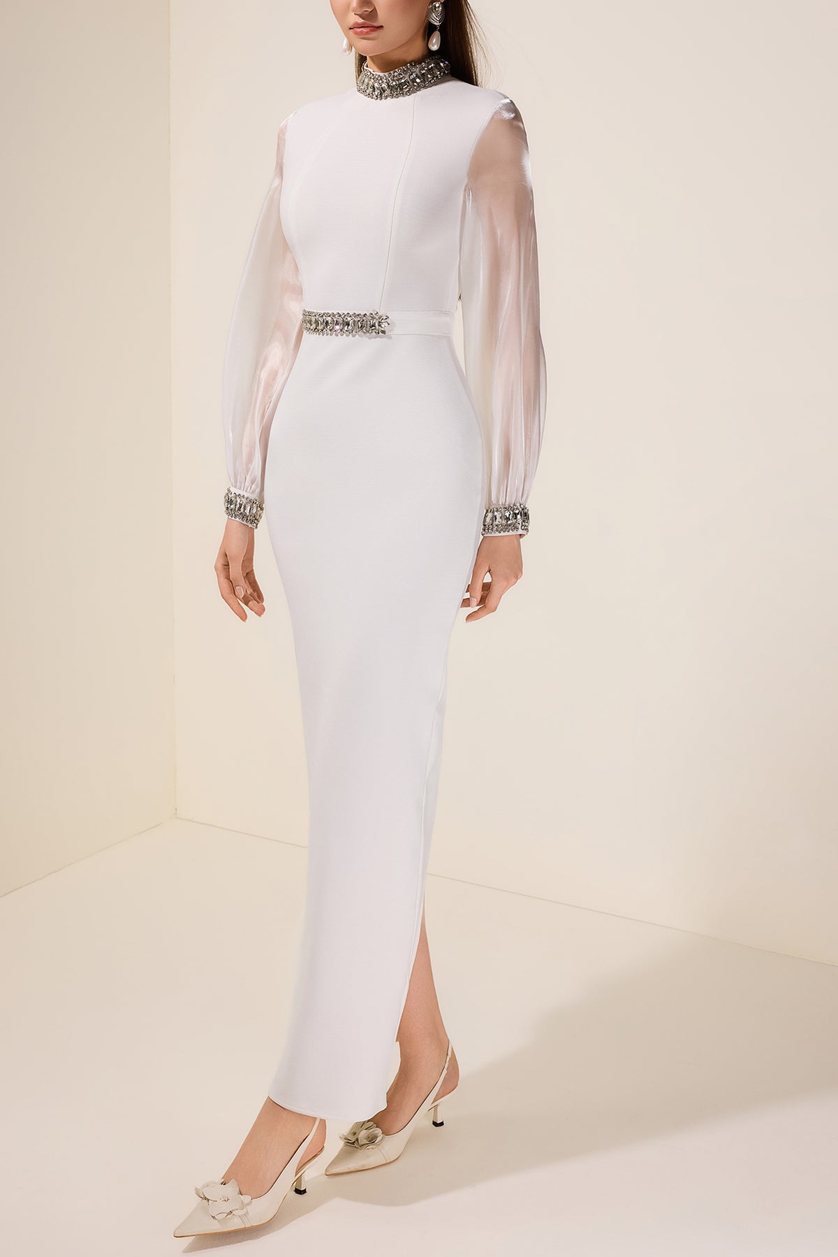 Rhinestone Bandage Splicing Organza Long Sleeve Maxi Dress