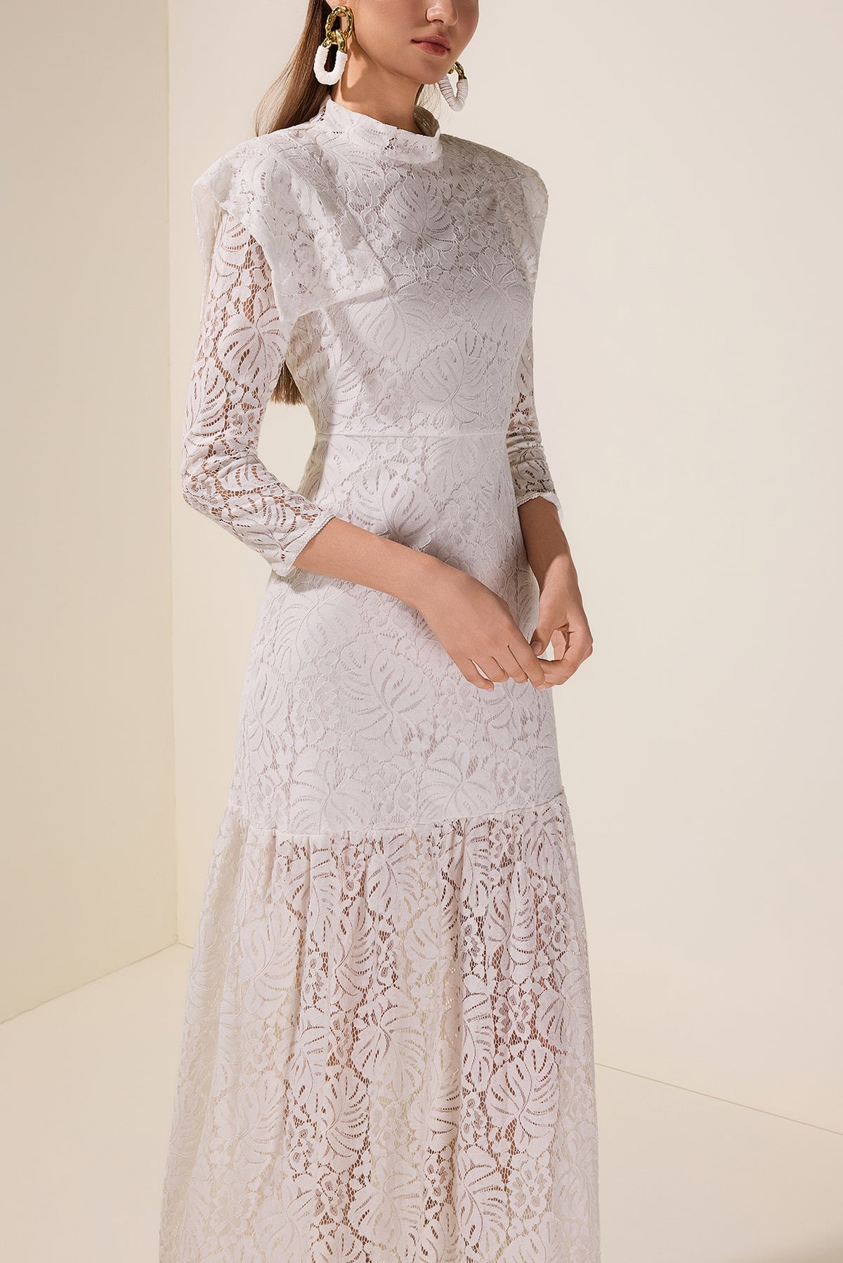 Lace Solid Long Sleeve Midi Dress