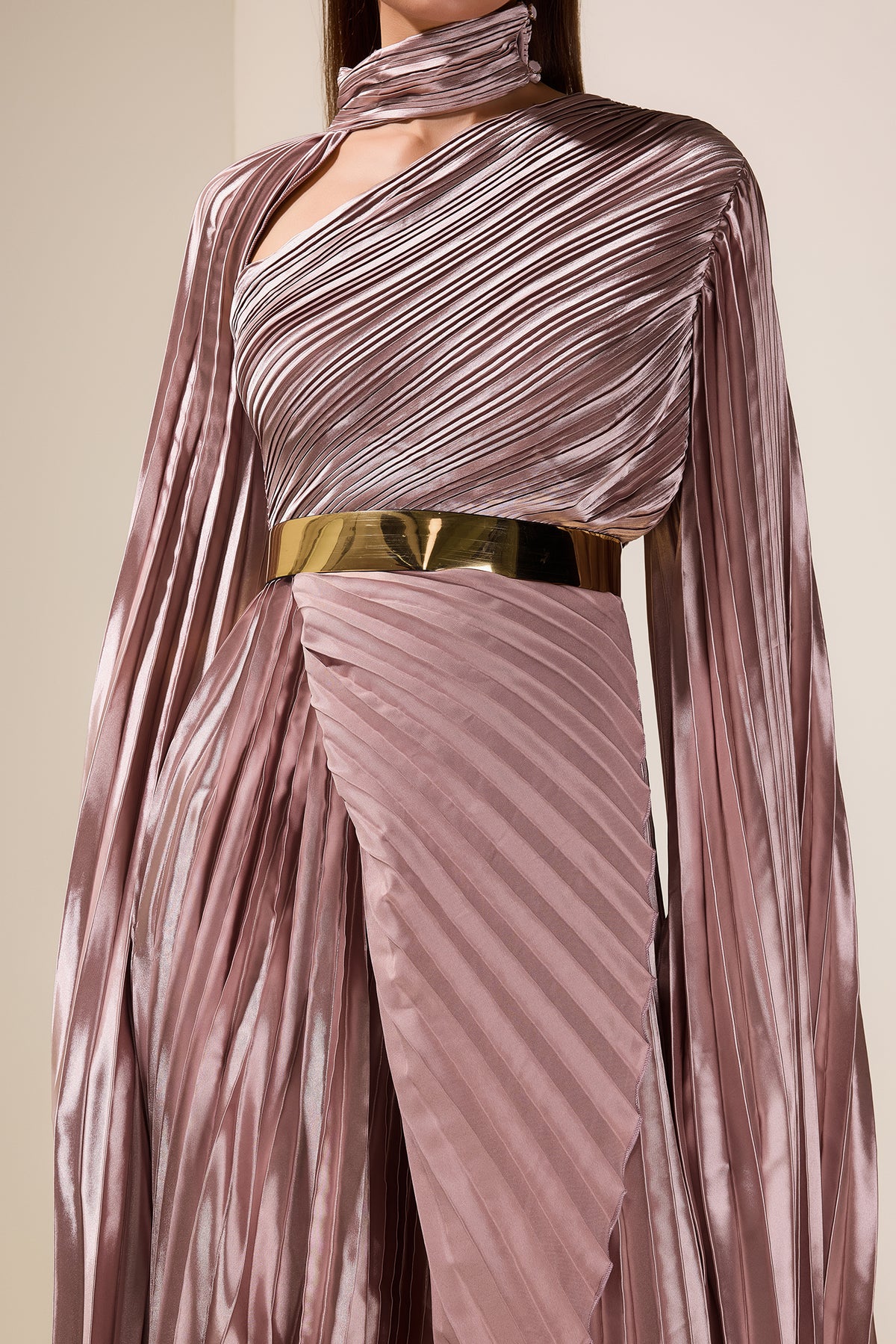 Pleated Cape Sleeve Midi Dress With Belt