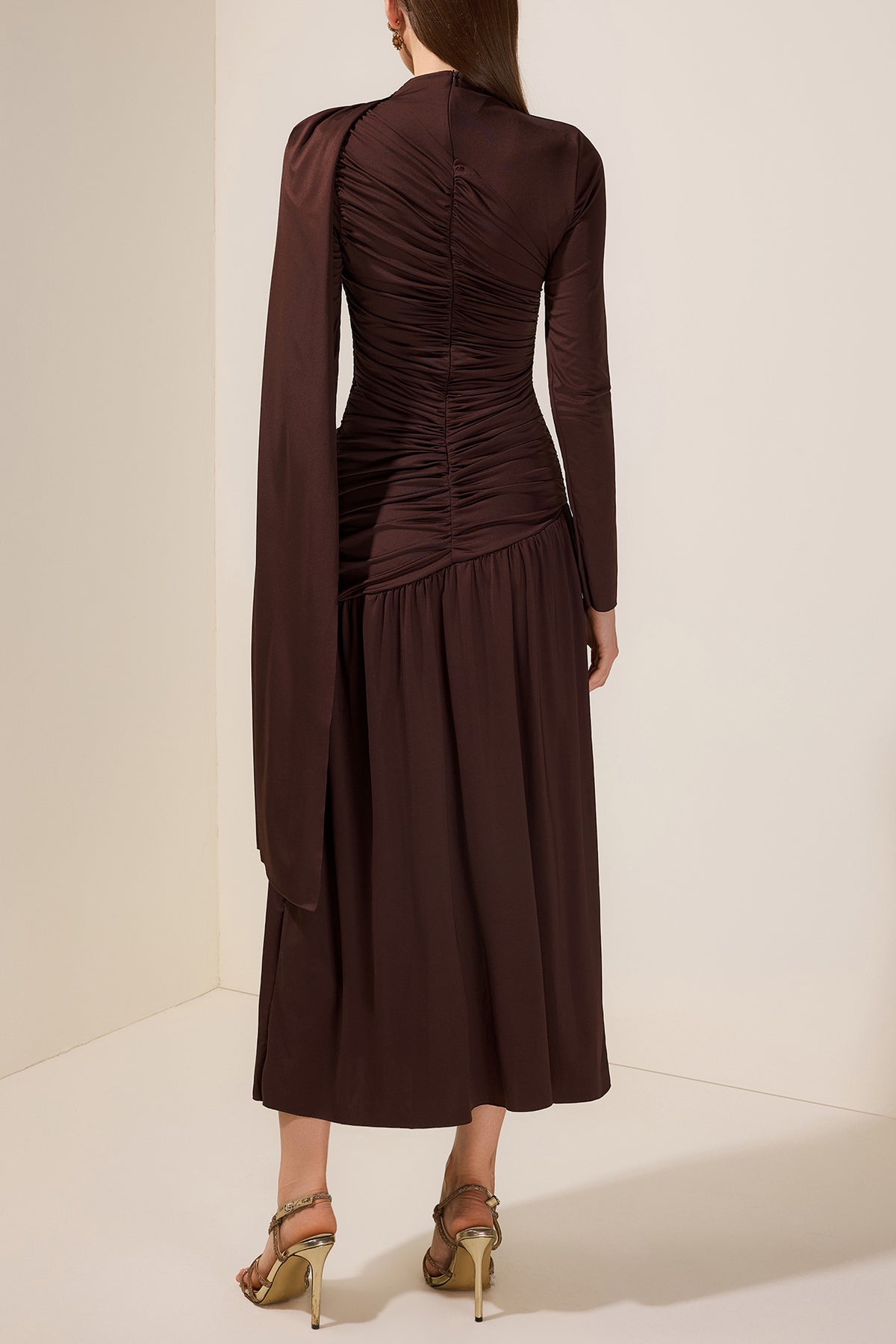 Jersey Gathering Cape Sleeve Midi Dress