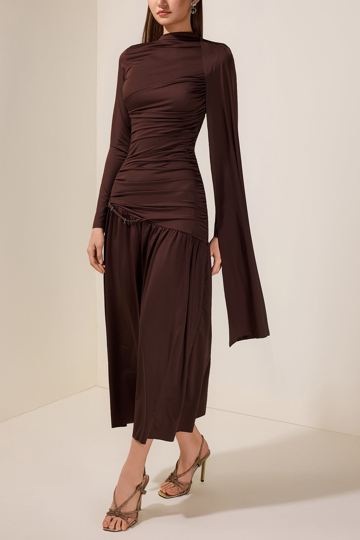 Jersey Gathering Cape Sleeve Midi Dress
