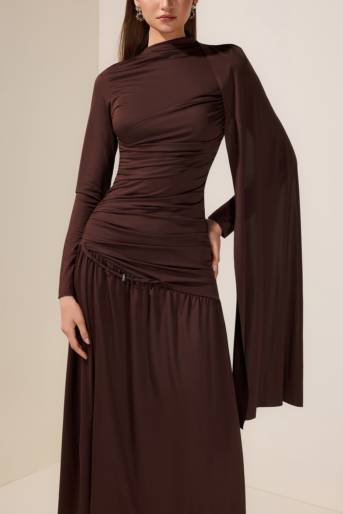 Jersey Gathering Cape Sleeve Midi Dress