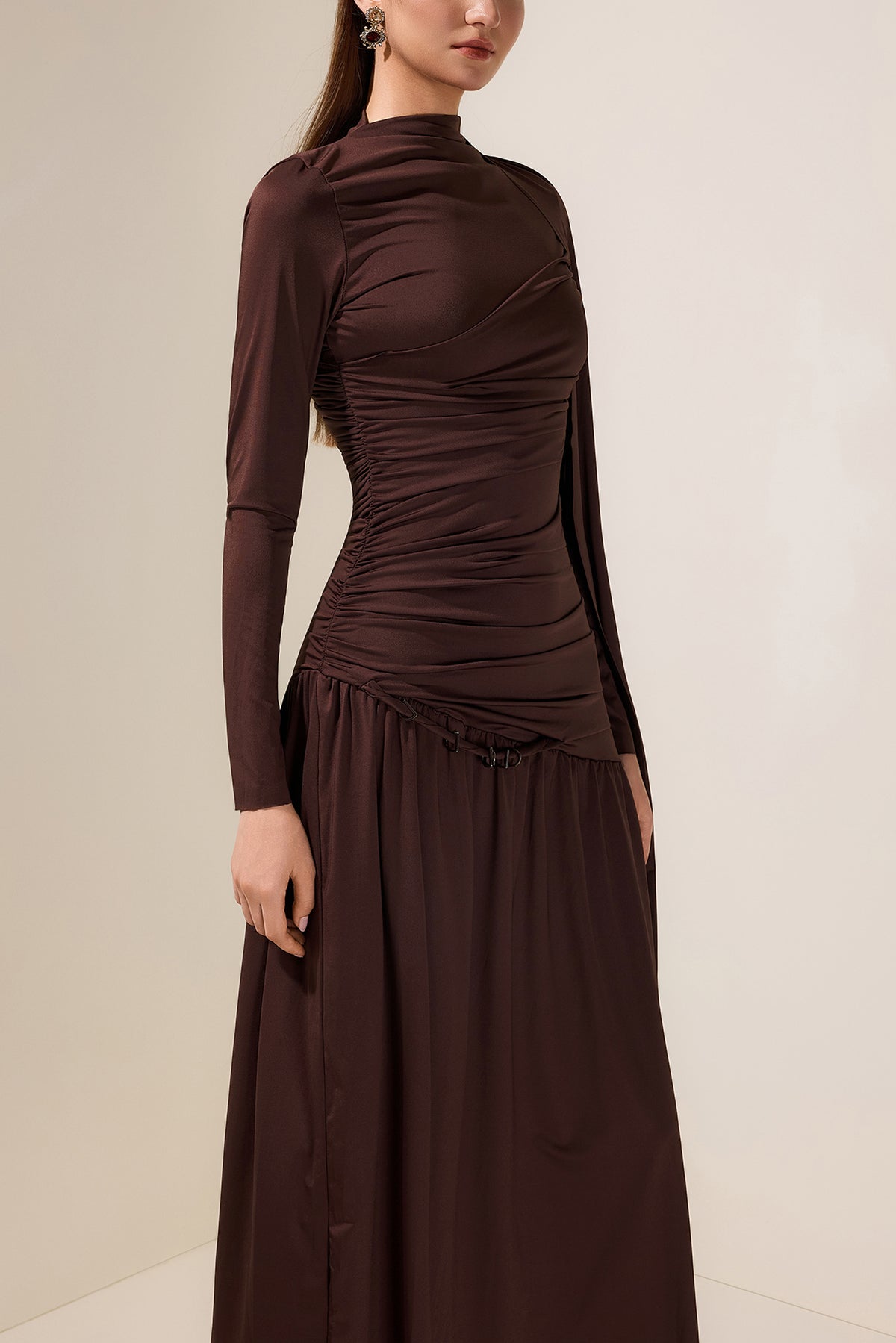 Jersey Gathering Cape Sleeve Midi Dress