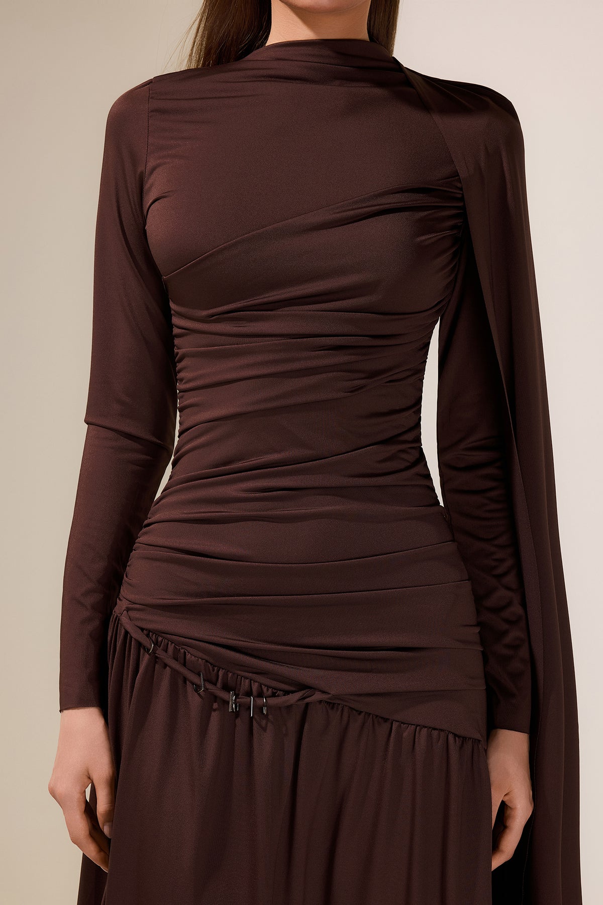 Jersey Gathering Cape Sleeve Midi Dress