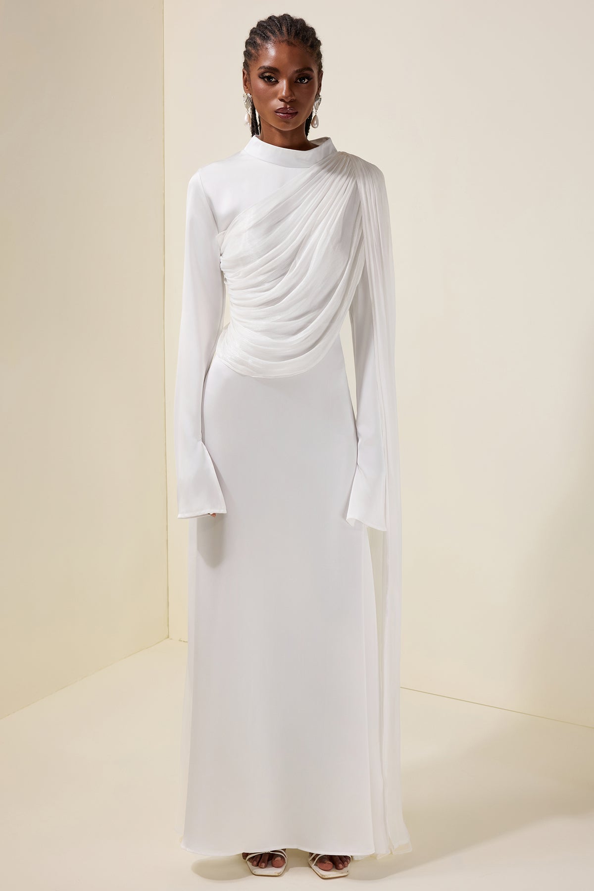 Satin Ruched Long Sleeve Maxi Dress