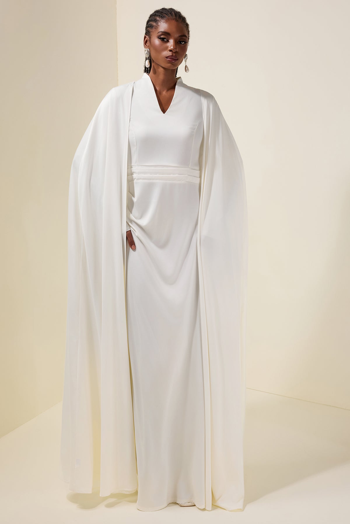 Solid V-Neck Long Sleeve Maxi Dress With Cape