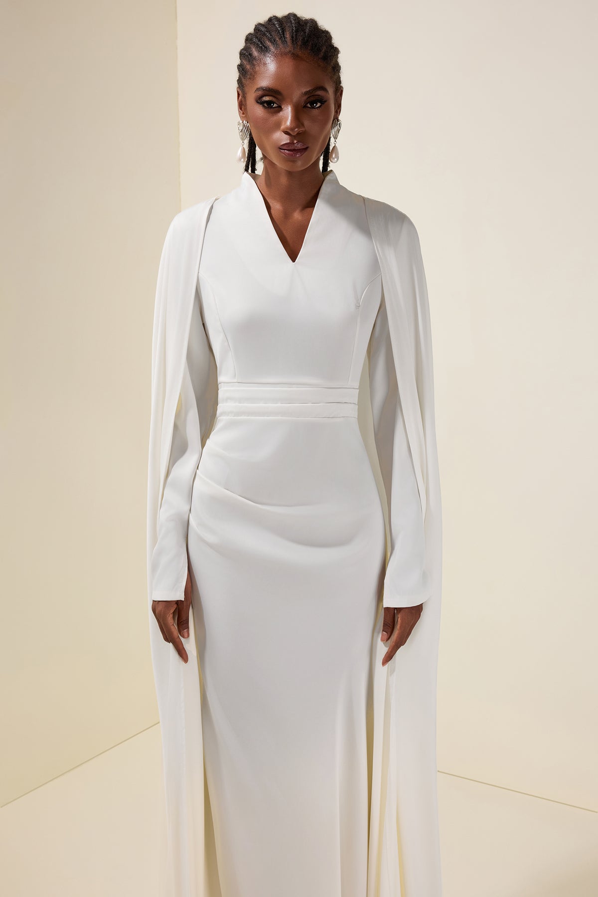 Solid V-Neck Long Sleeve Maxi Dress With Cape