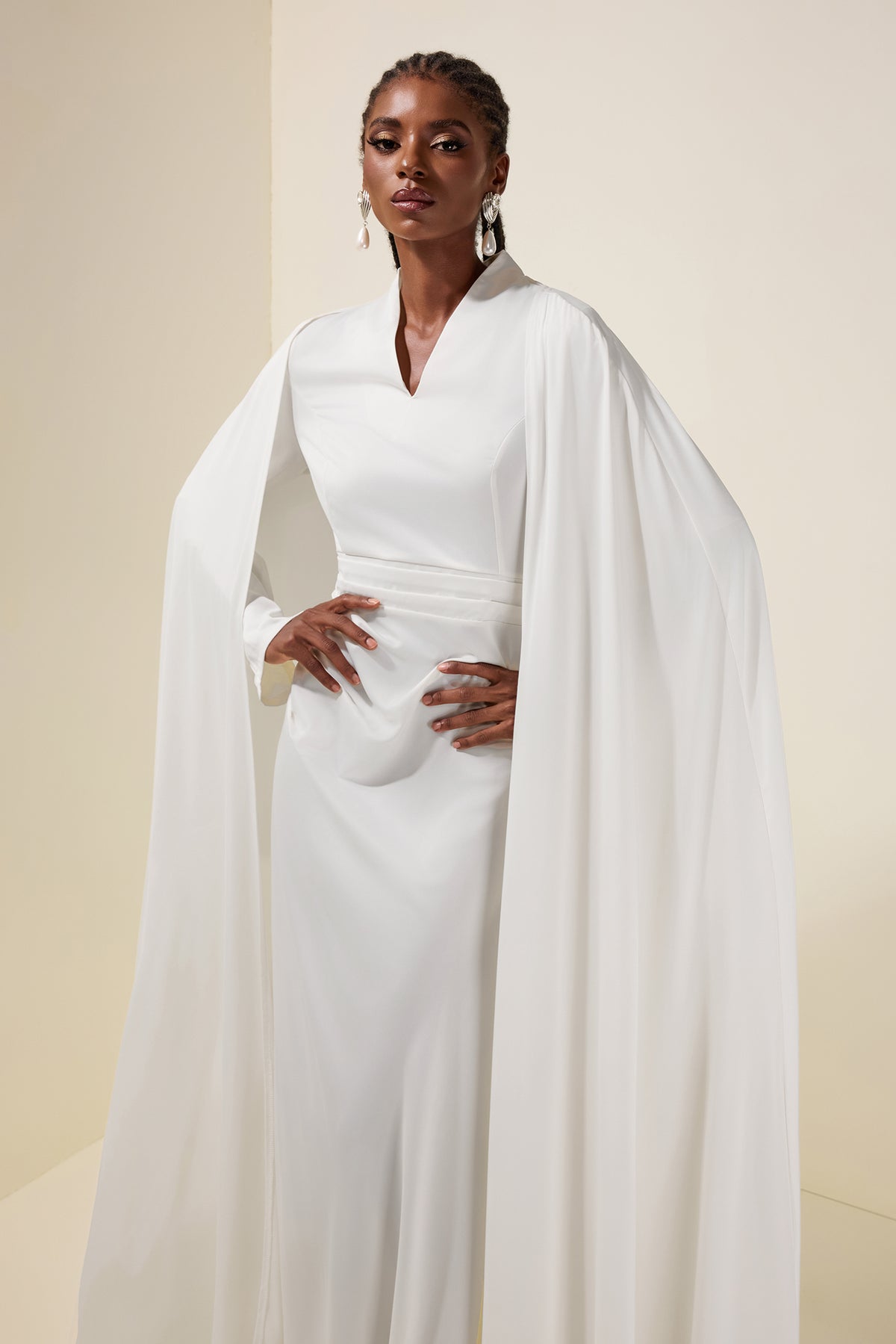 Solid V-Neck Long Sleeve Maxi Dress With Cape