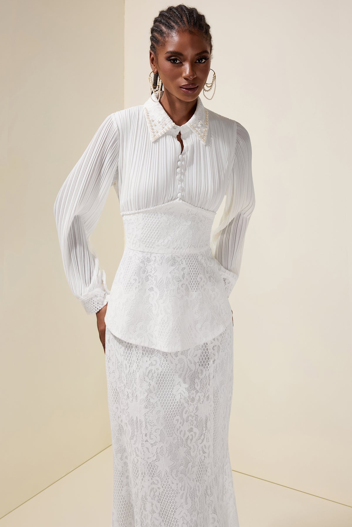 Pleated Rivet Top & High Waist Midi Skirt Set