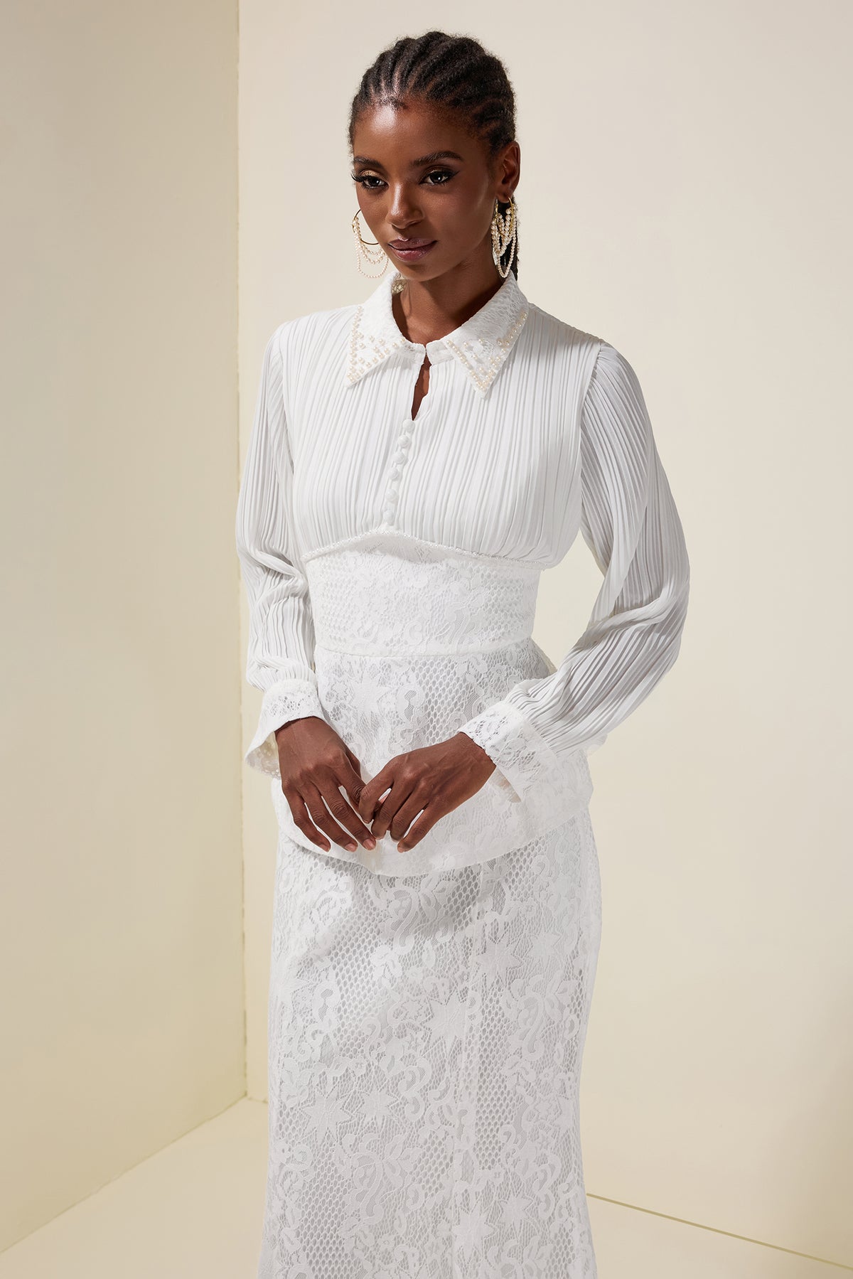 Pleated Rivet Top & High Waist Midi Skirt Set