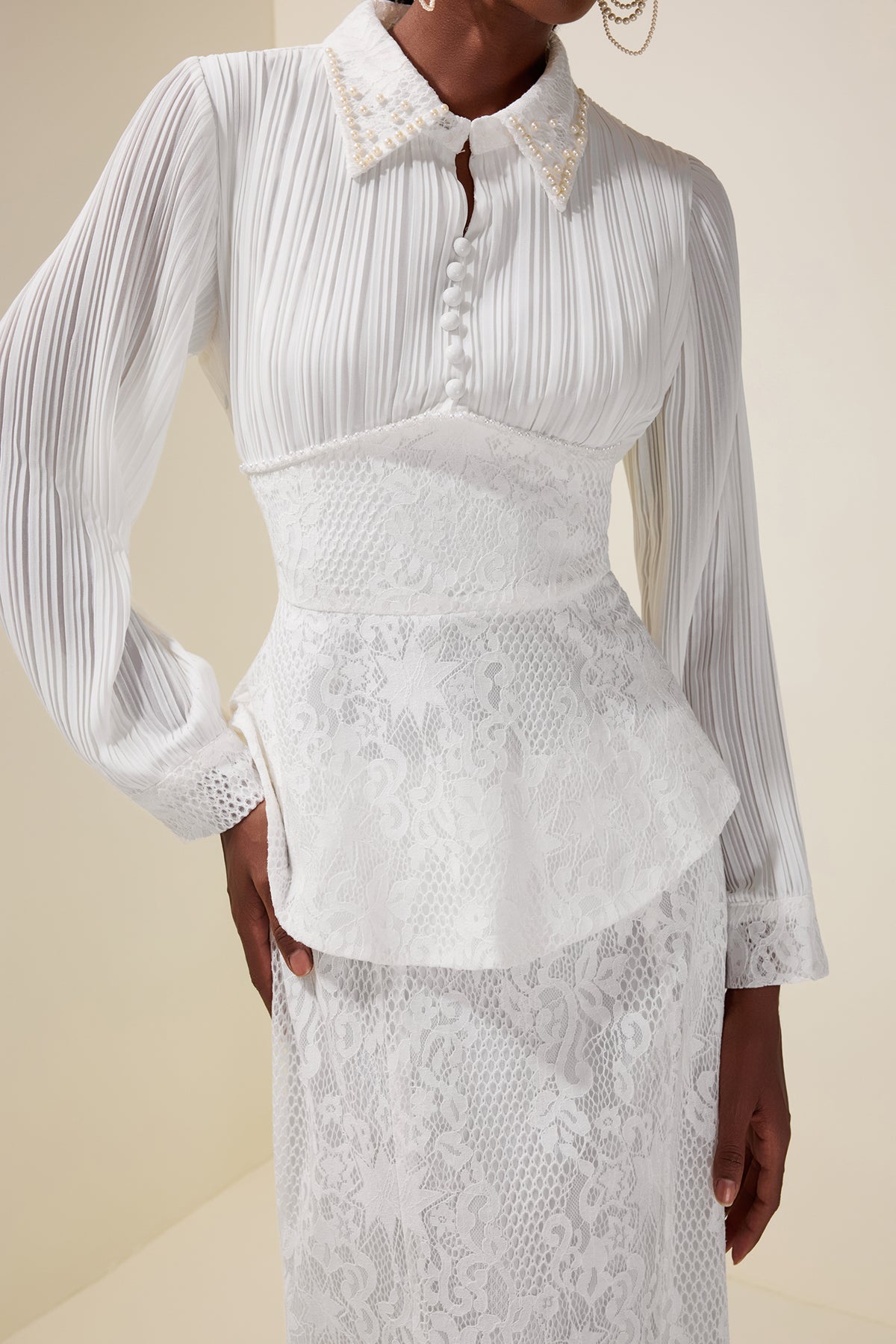 Pleated Rivet Top & High Waist Midi Skirt Set