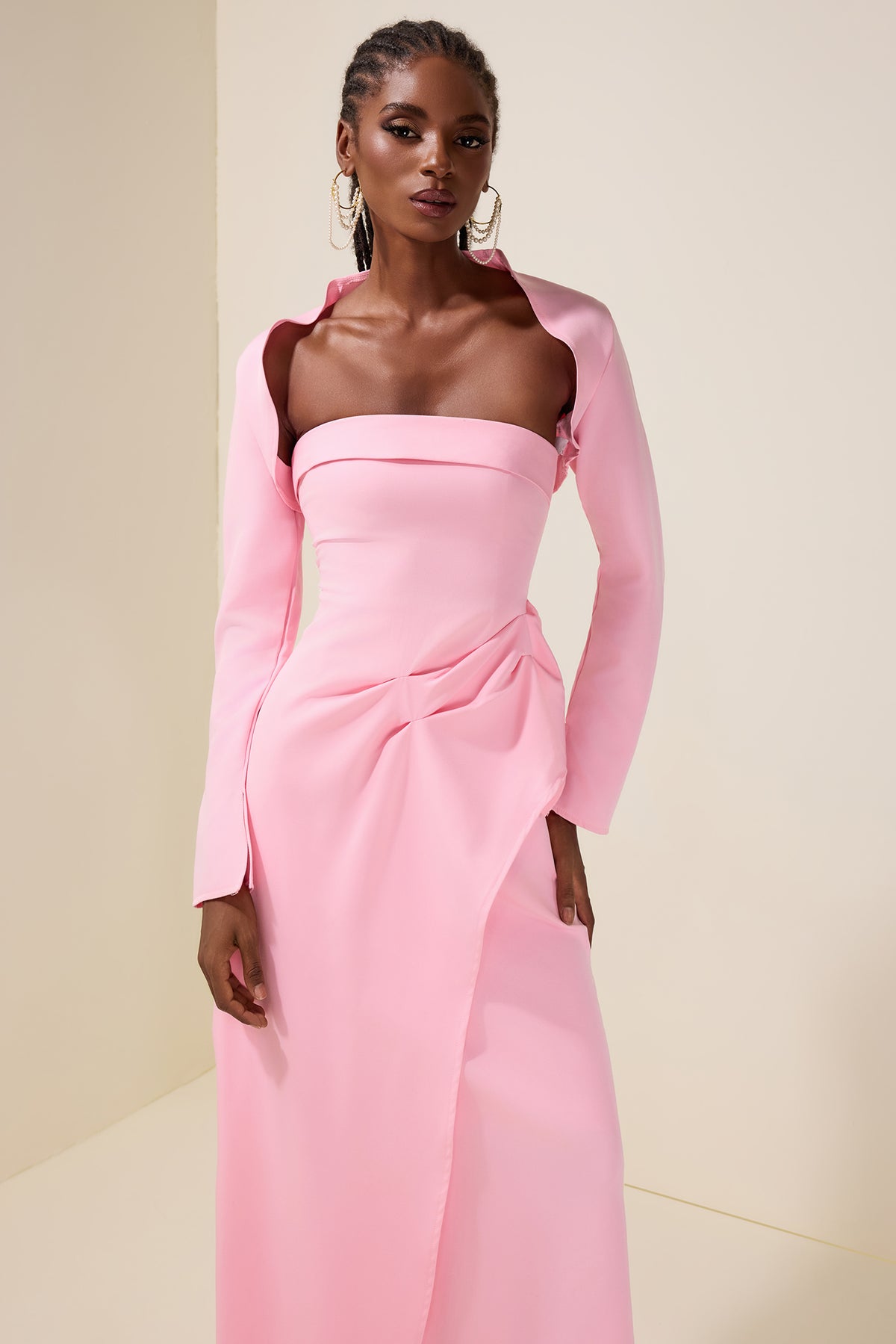 Ruched Slit Maxi Dress With Cardigan