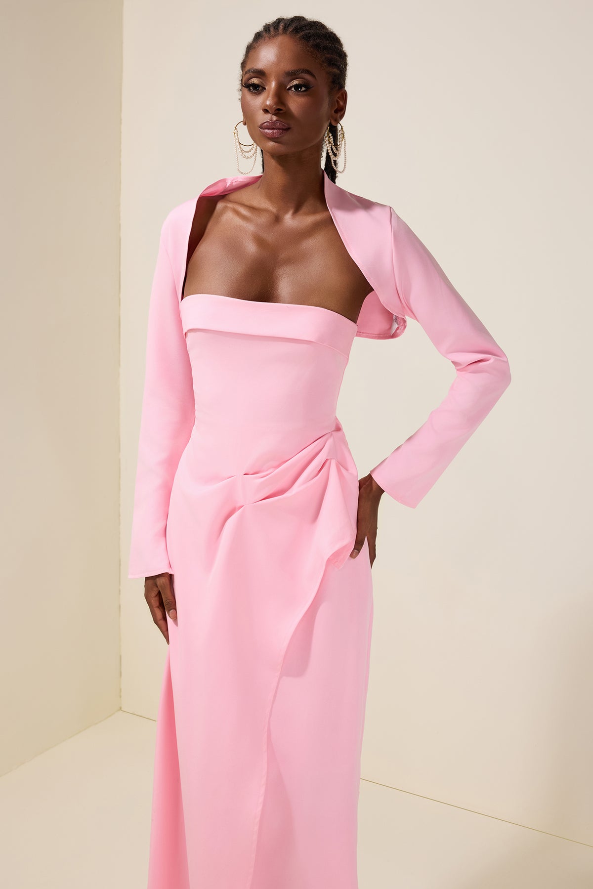 Ruched Slit Maxi Dress With Cardigan