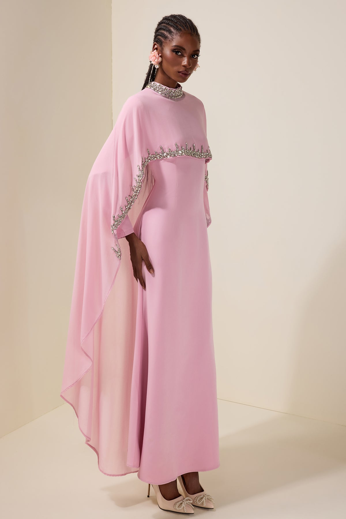 Long Sleeve Maxi Dress With Rhinestone Cape