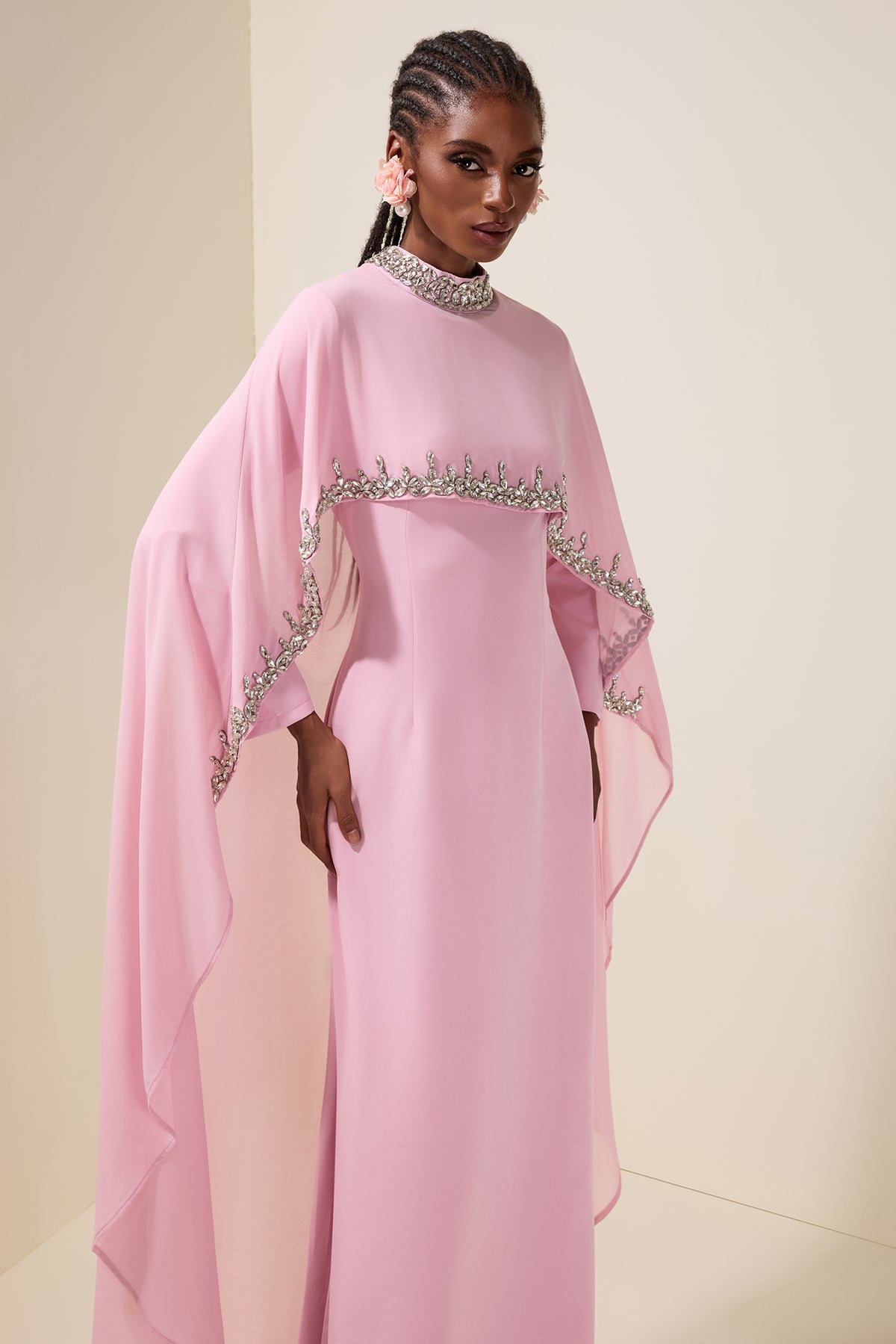 Long Sleeve Maxi Dress With Rhinestone Cape