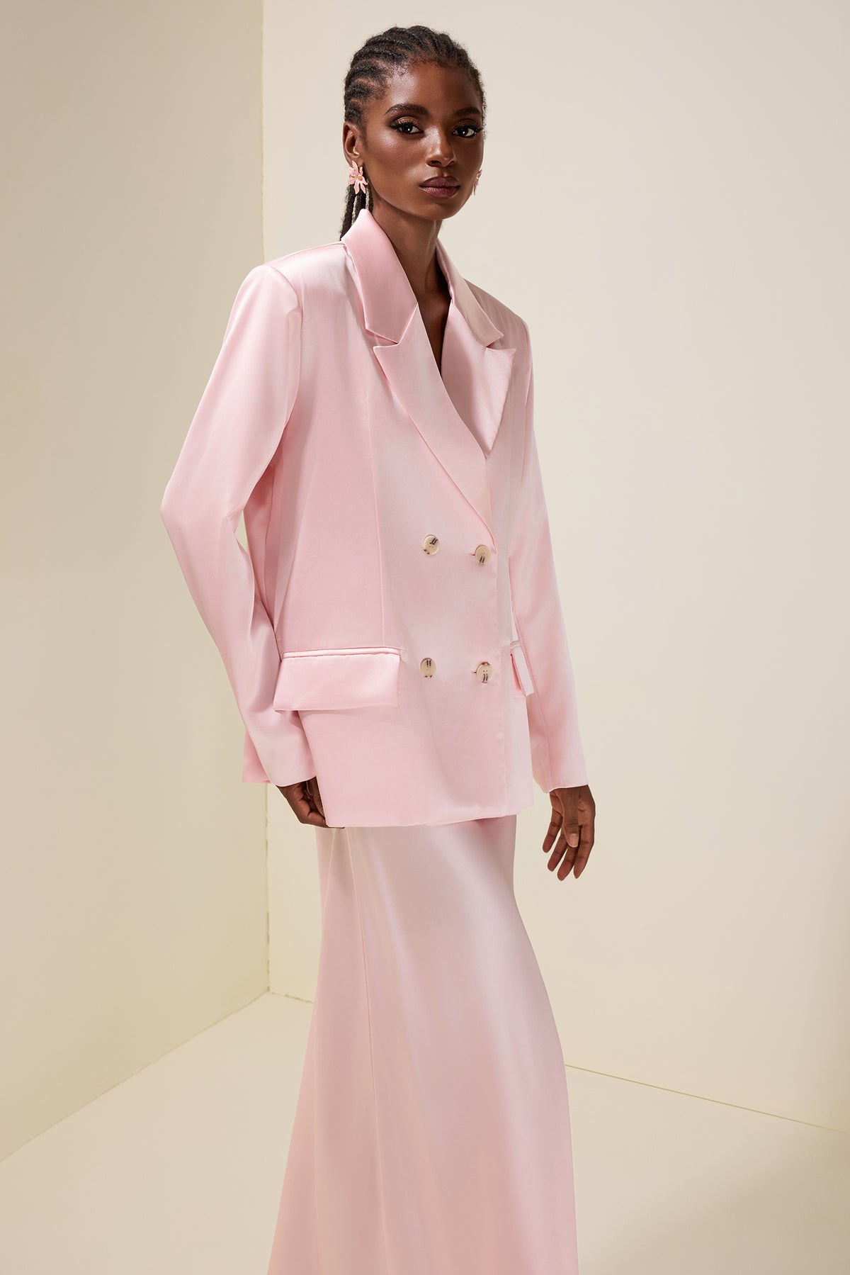 Solid Tailored Collar Blazer & High Waist Maxi Skirt Set