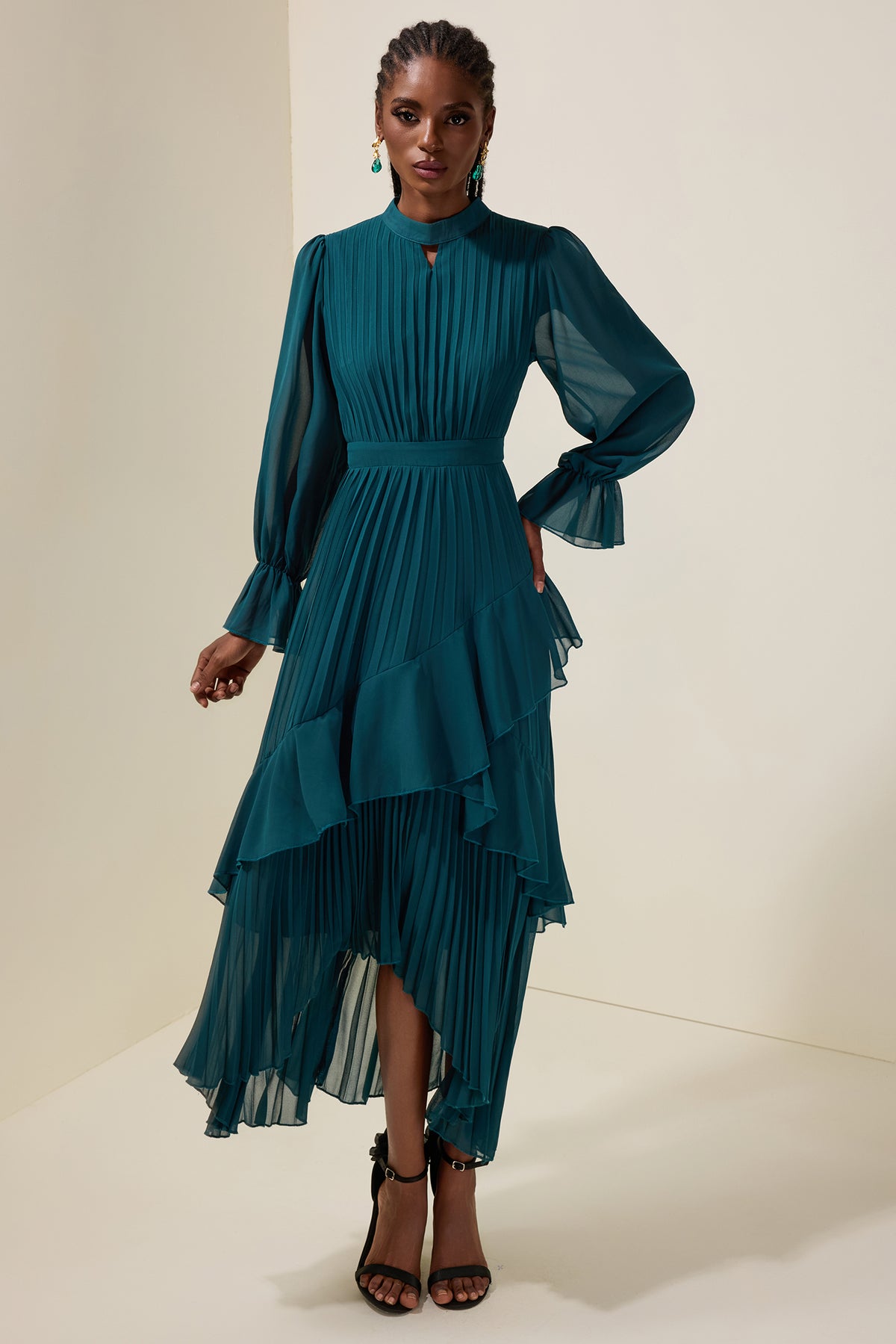 Chiffon Ruffle Pleated Midi Dress