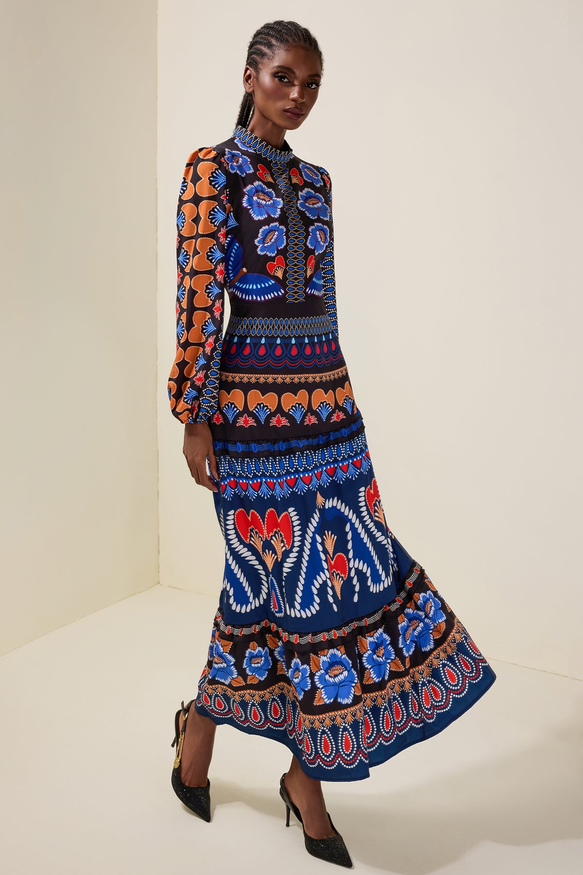 Paisley Print Round Neck Long Sleeve Midi Dress