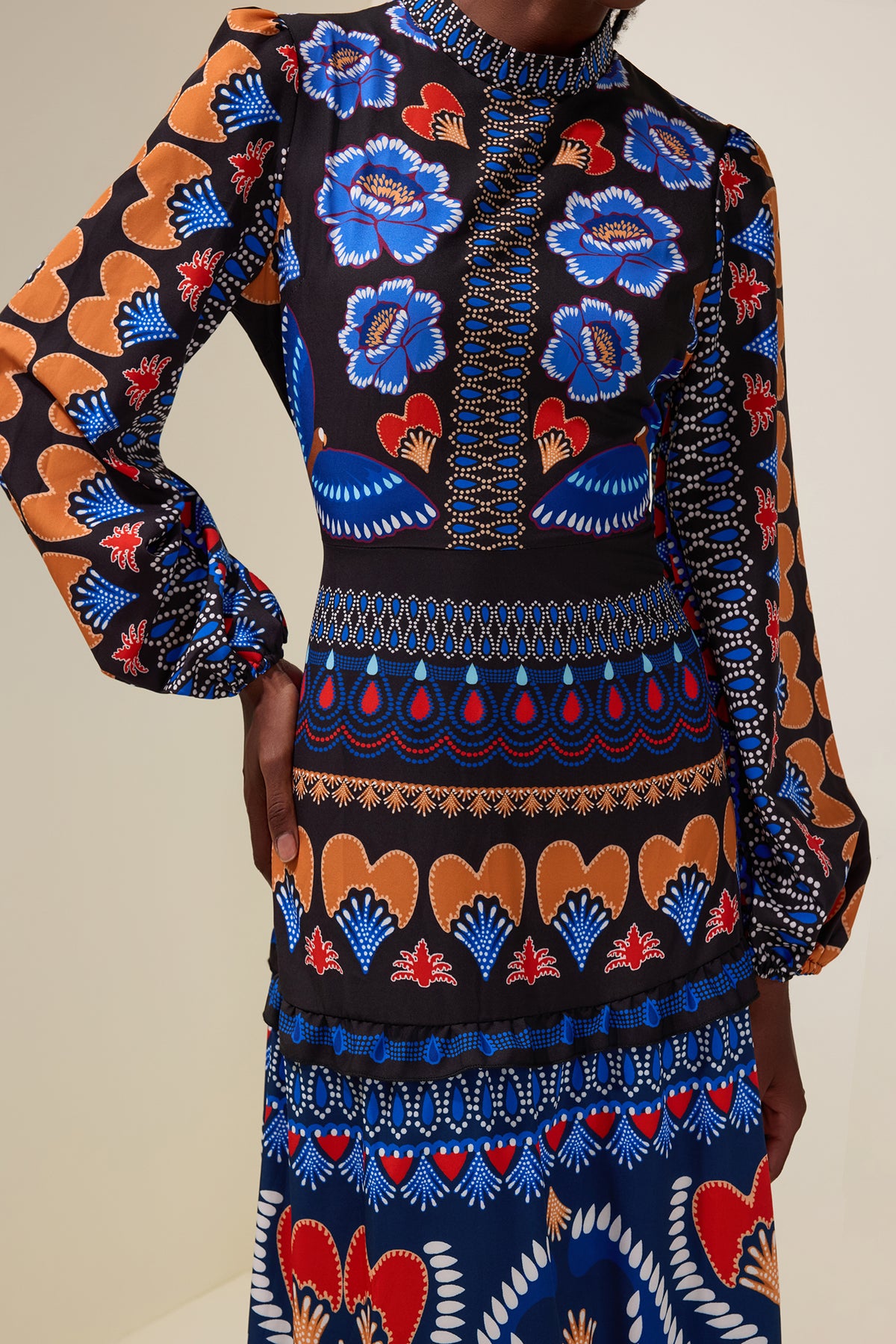 Paisley Print Round Neck Long Sleeve Midi Dress