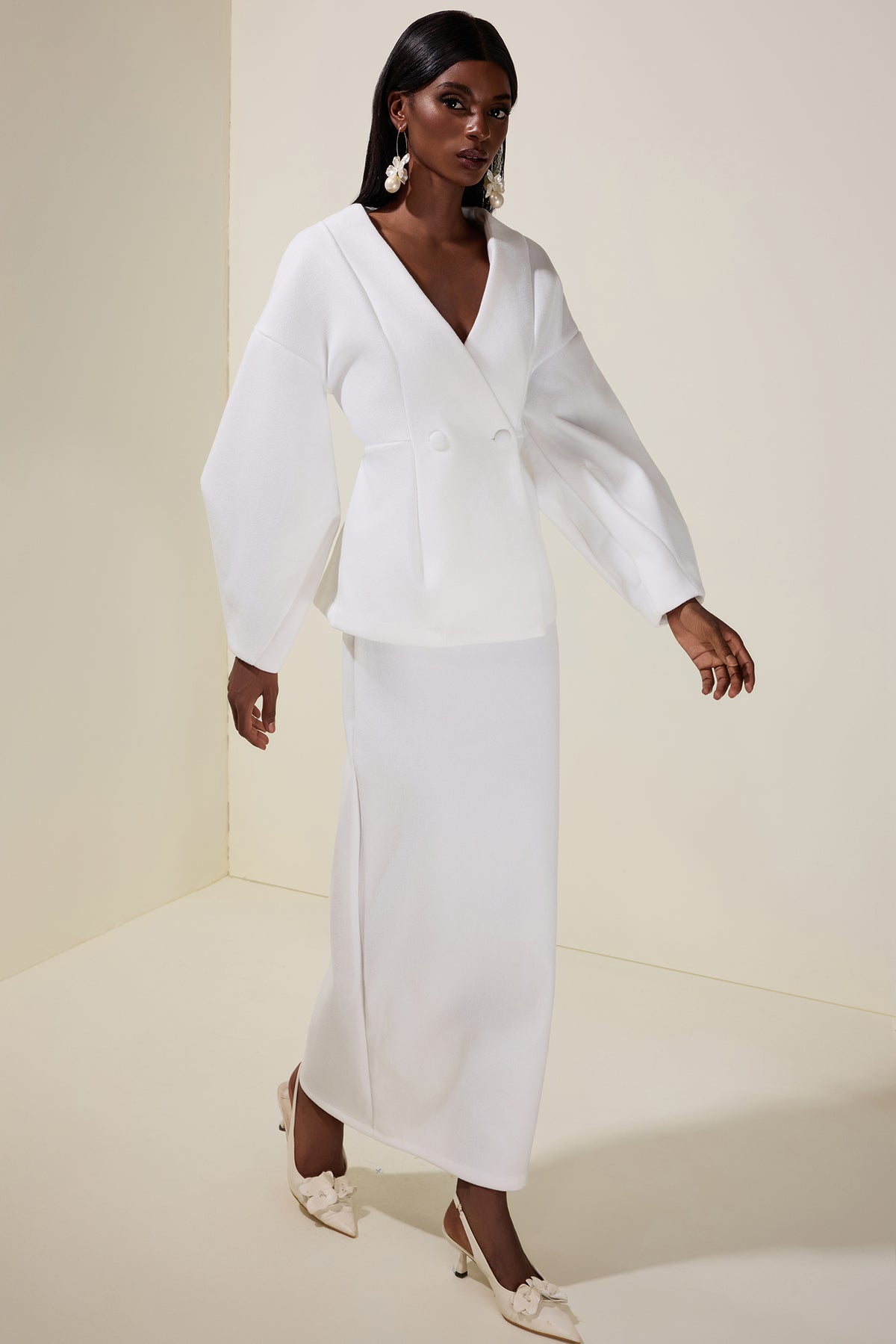 Woolen Lantern Sleeve Coat & Maxi Skirt Set