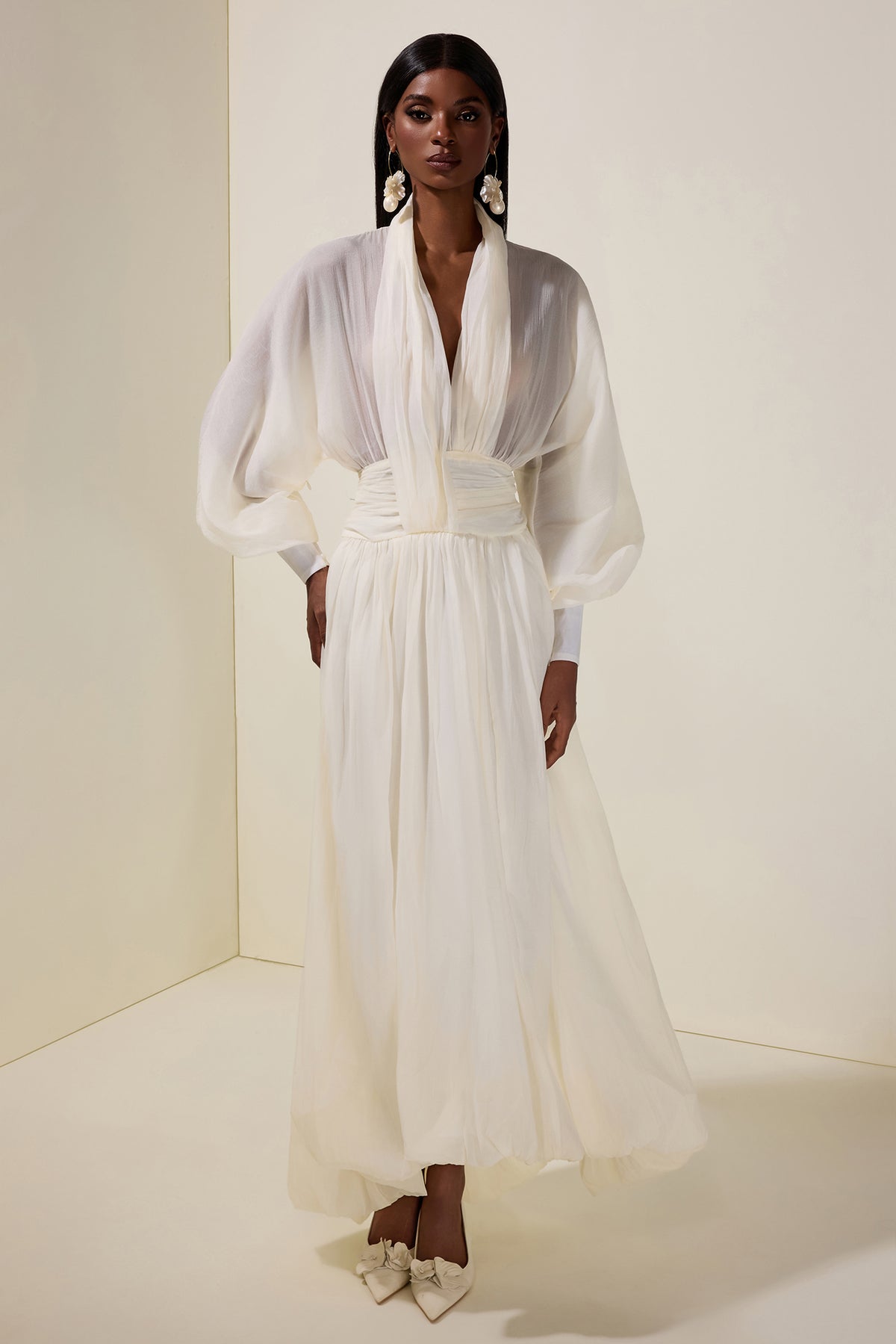 Chiffon V-Neck Lantern Sleeve Puff Midi Dress