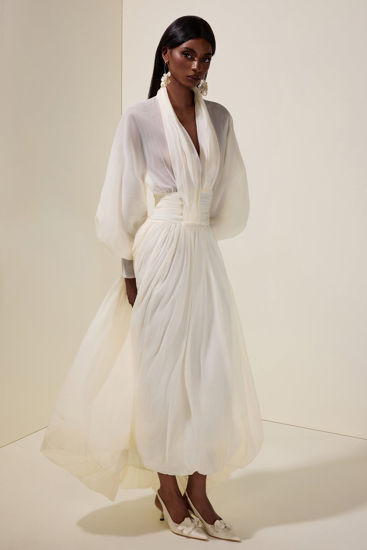Chiffon V-Neck Lantern Sleeve Puff Midi Dress