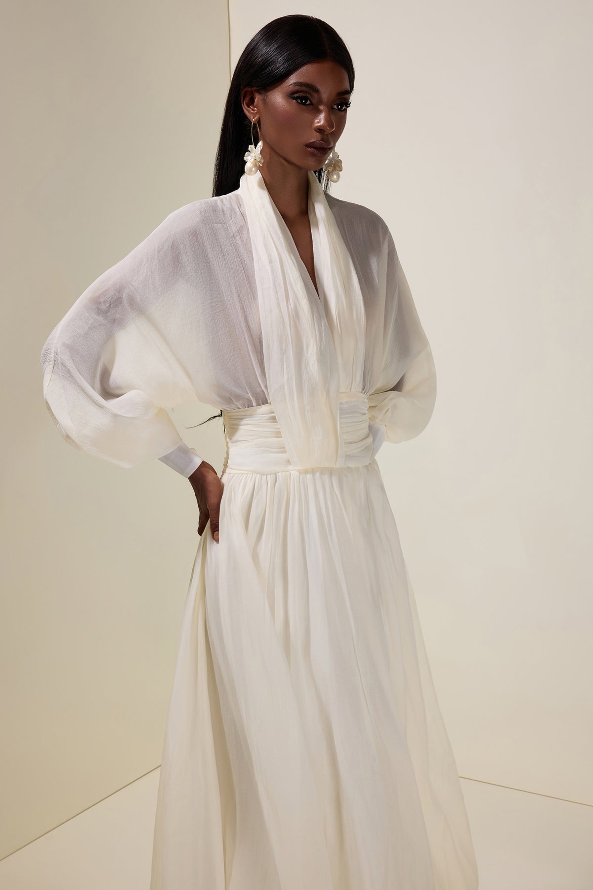 Chiffon V-Neck Lantern Sleeve Puff Midi Dress