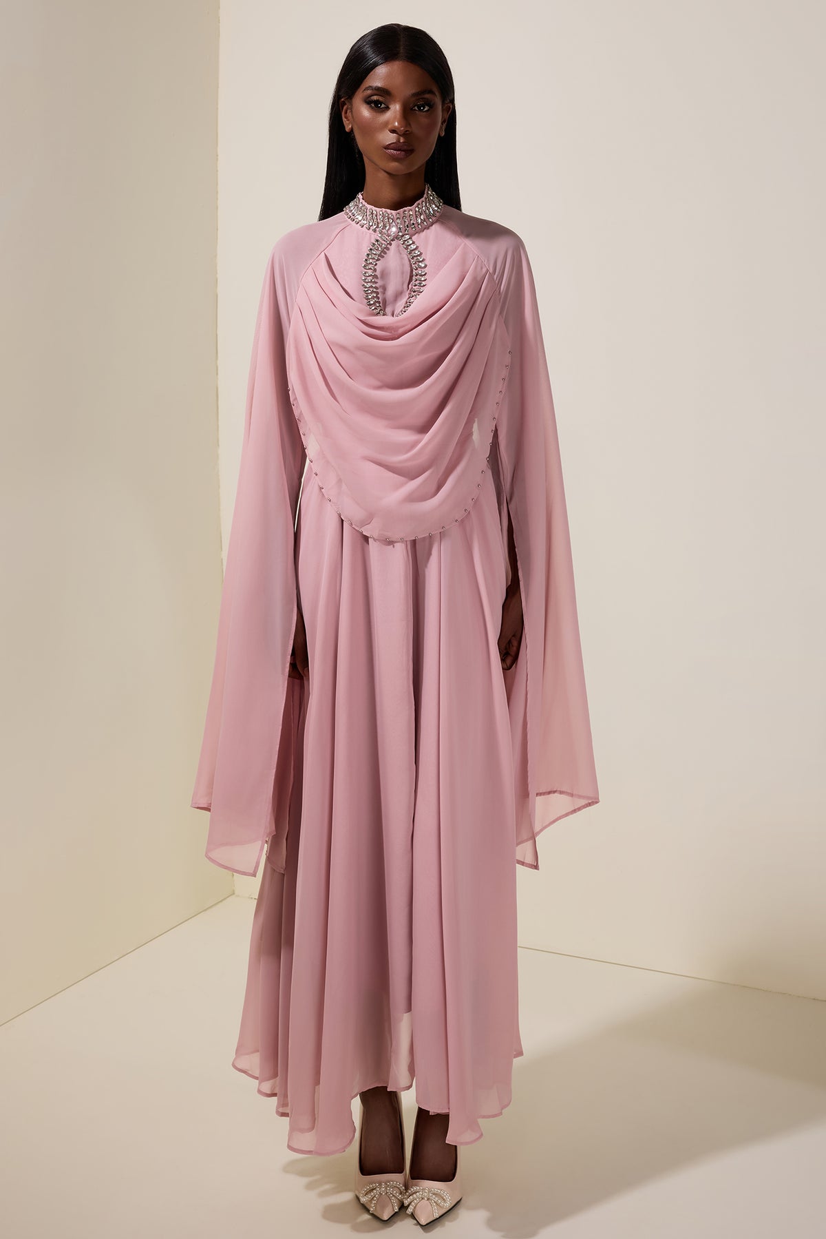 Chiffon Rhinestone Cape Sleeve Maxi Dress With Belt