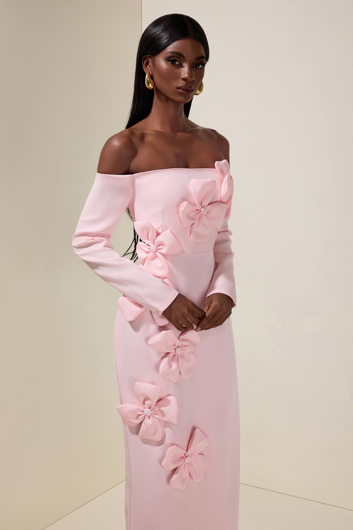 Solid 3D Flower Off-Shoulder Midi Dress