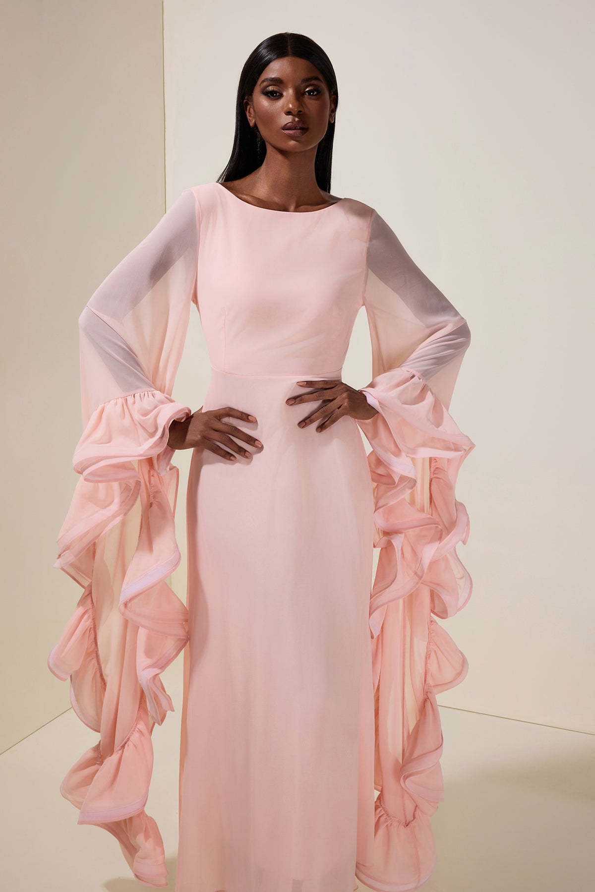 Chiffon Ruffle Bell Sleeve Maxi Dress