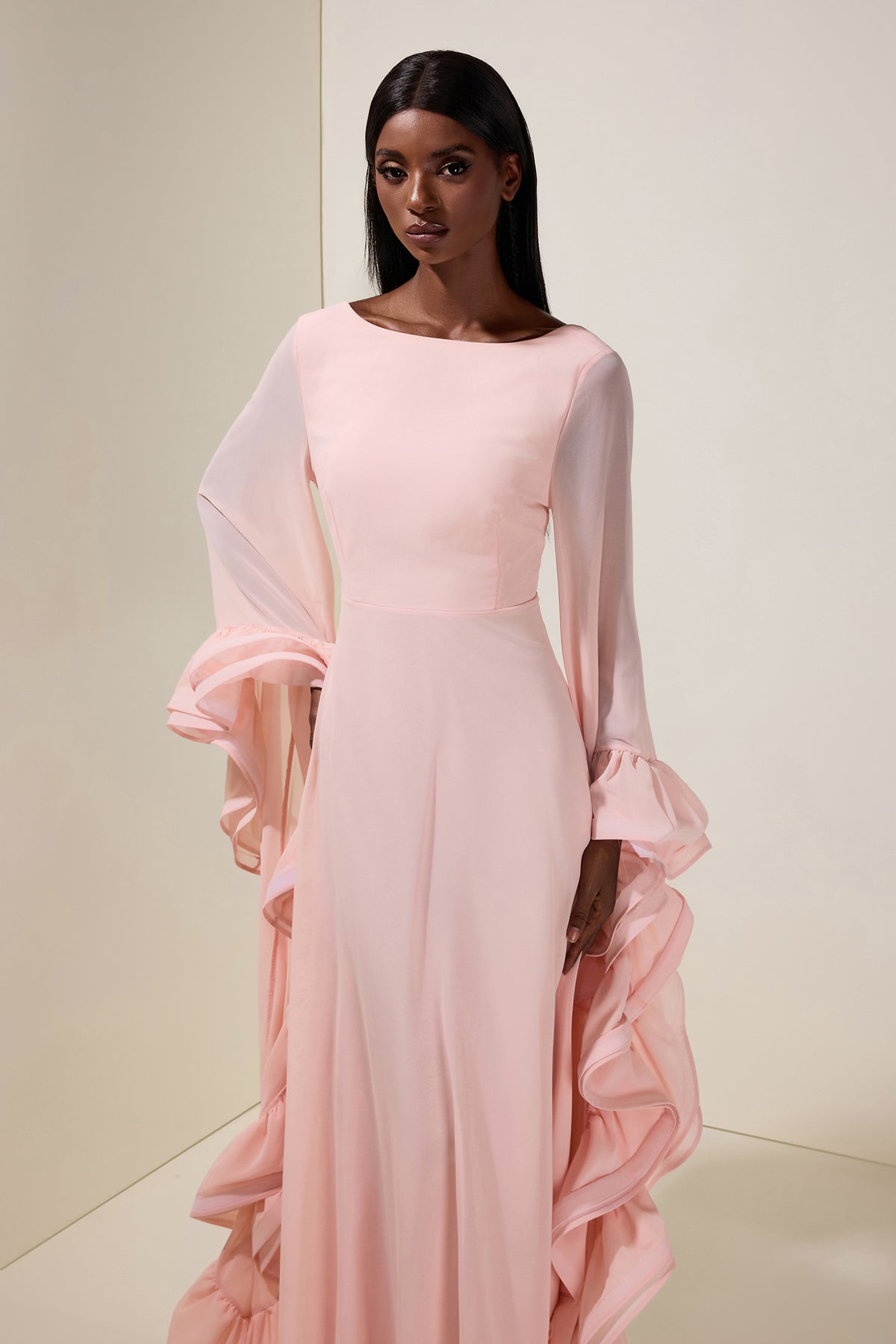 Chiffon Ruffle Bell Sleeve Maxi Dress
