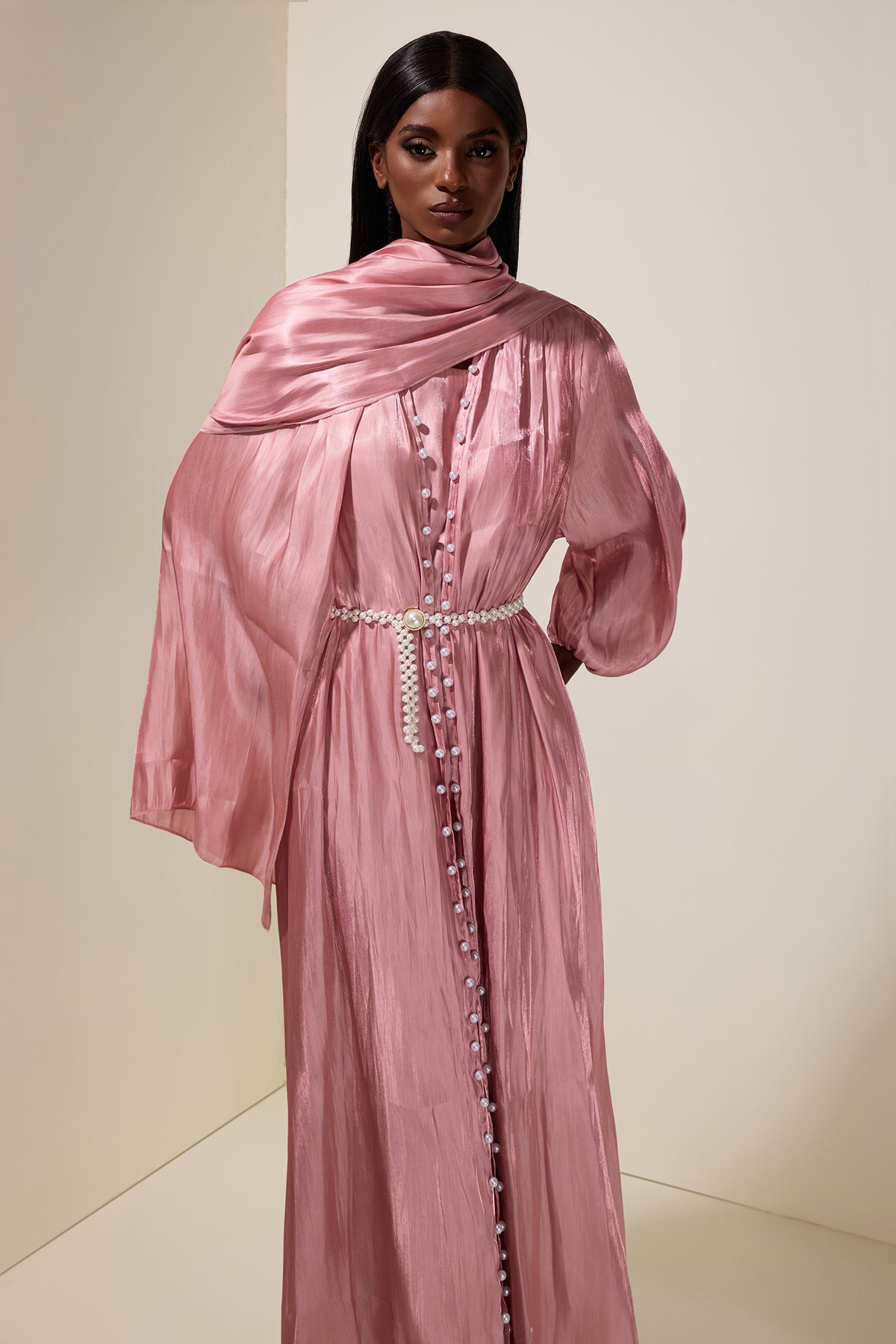 Faux Pearl Puff Sleeve Midi Dress With Cardigan