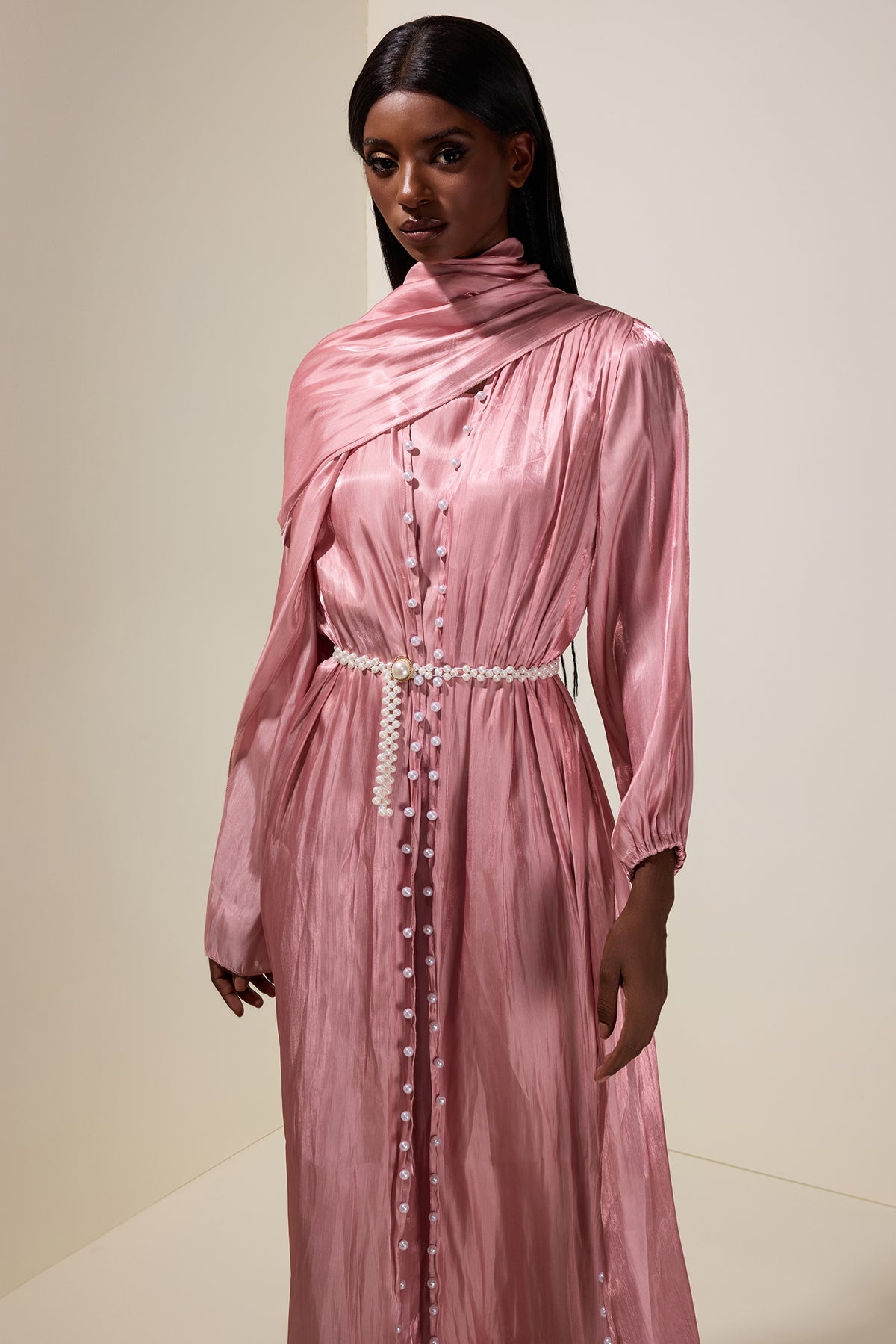 Faux Pearl Puff Sleeve Midi Dress With Cardigan