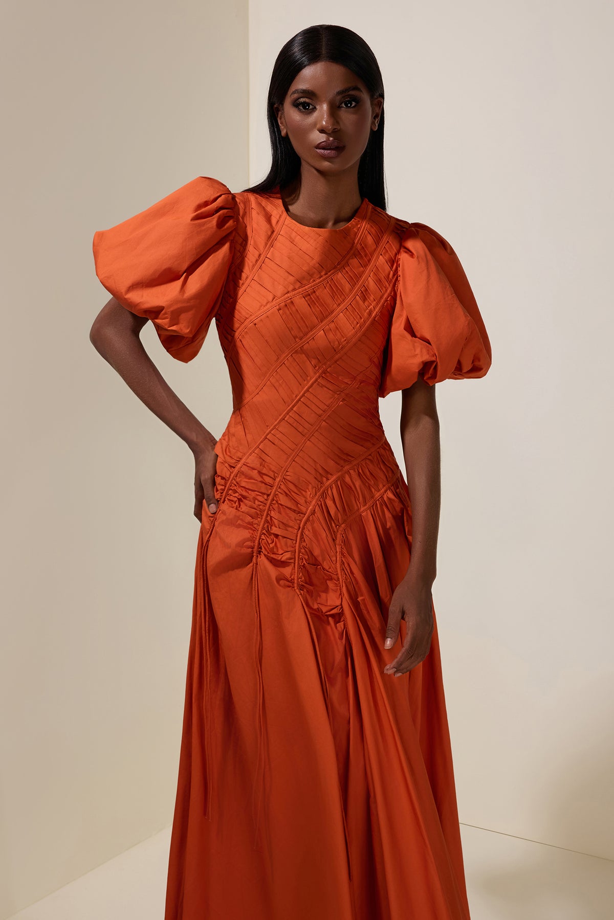 Shirring Round Neck Puff Sleeve Midi Dress
