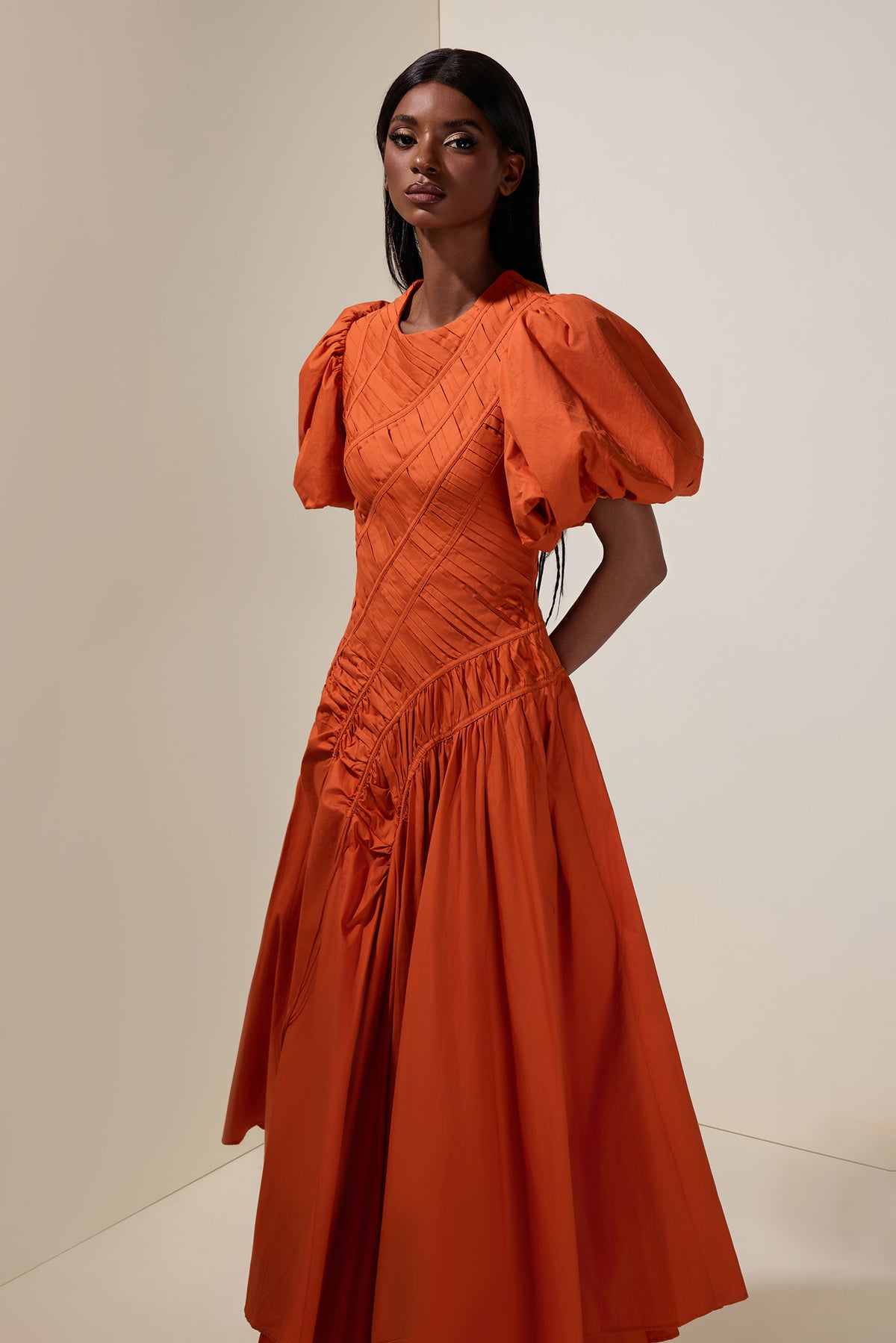 Shirring Round Neck Puff Sleeve Midi Dress