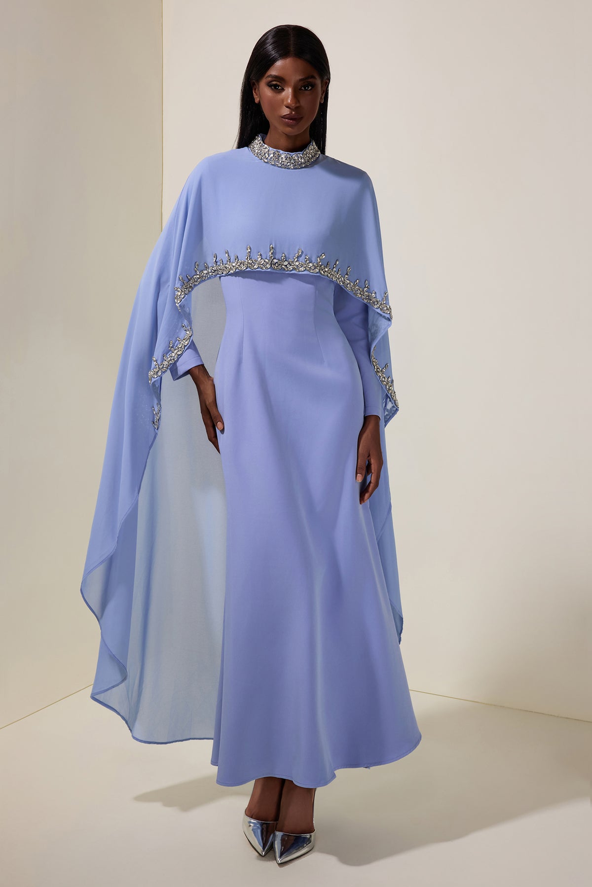 Long Sleeve Maxi Dress With Rhinestone Cape