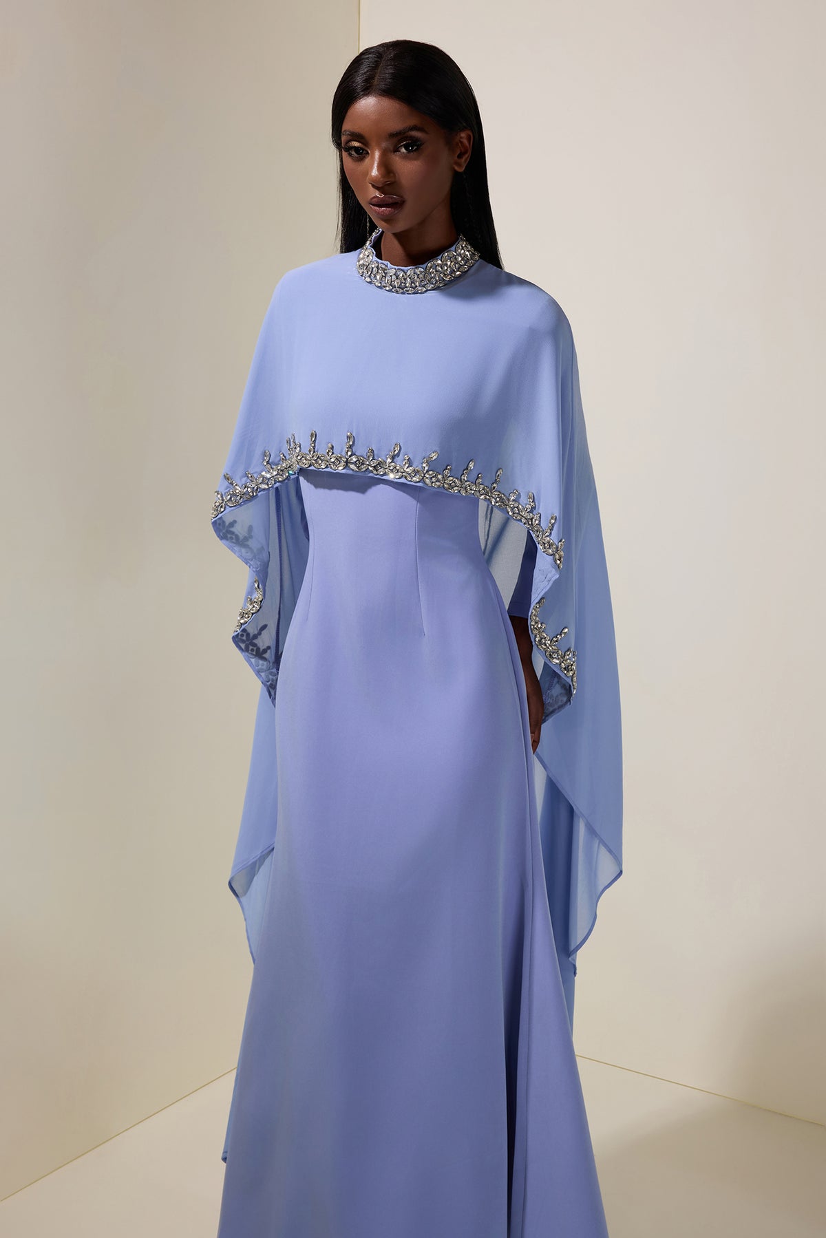 Long Sleeve Maxi Dress With Rhinestone Cape