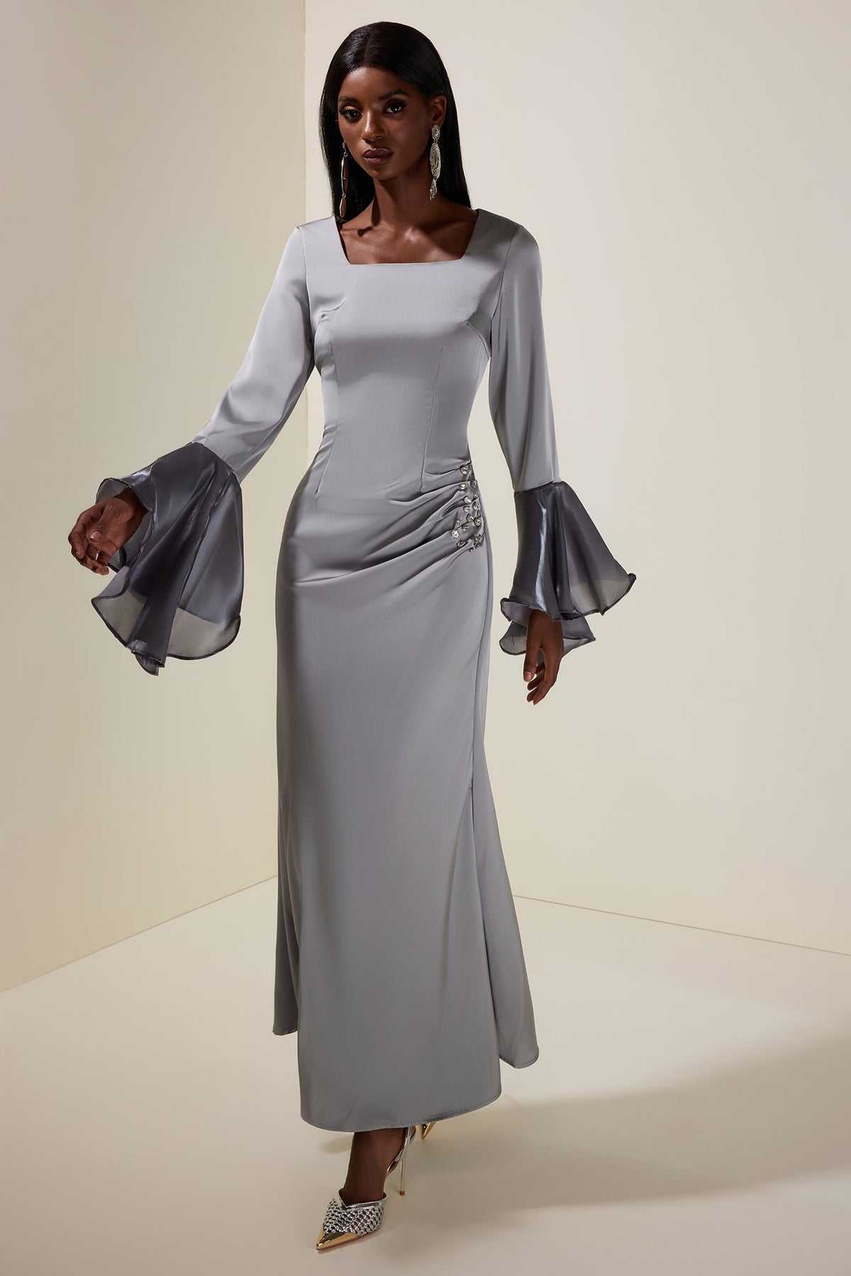 Satin Rhinestone Ruffle Maxi Dress