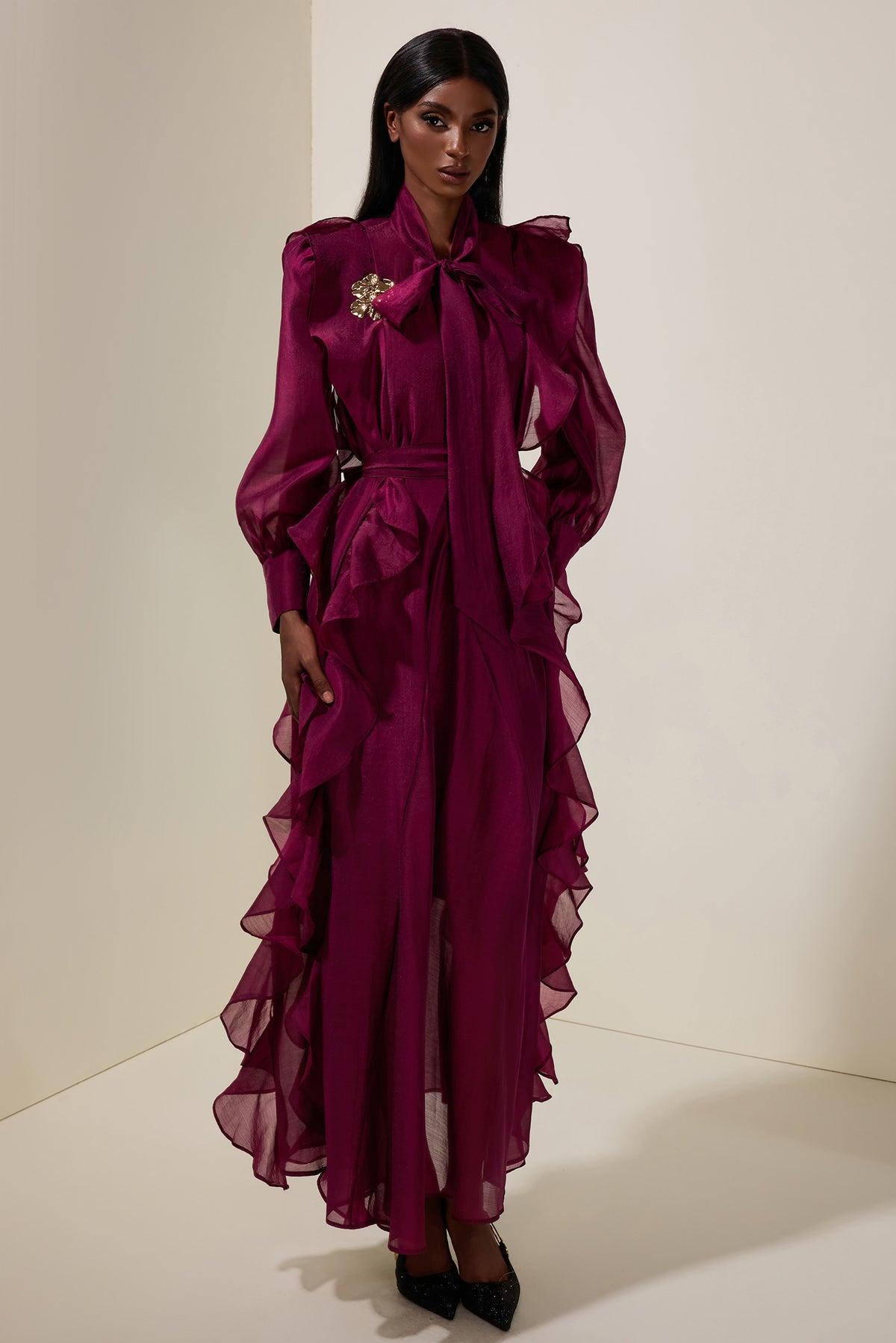 Chiffon Ruffle Metal Decorations Maxi Dress With Belt
