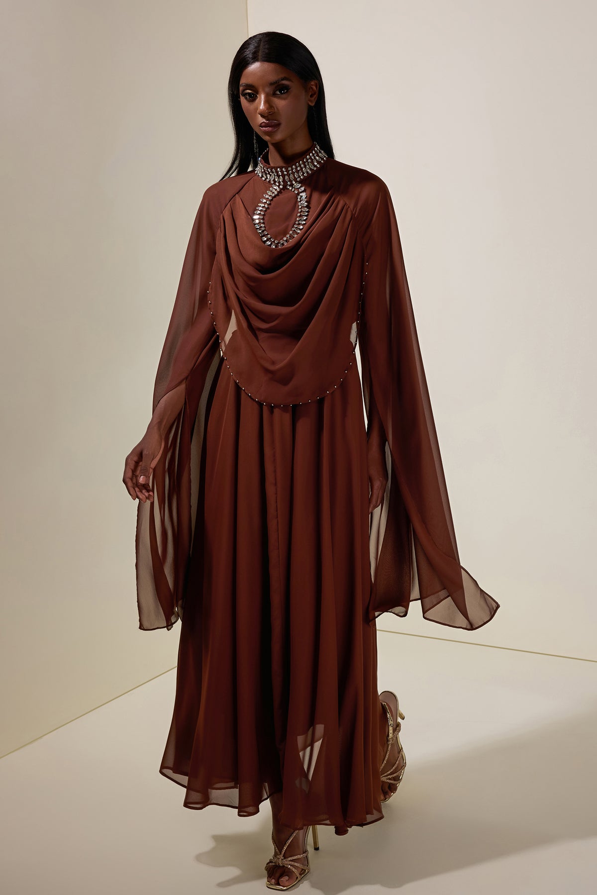 Chiffon Rhinestone Cape Sleeve Maxi Dress With Belt