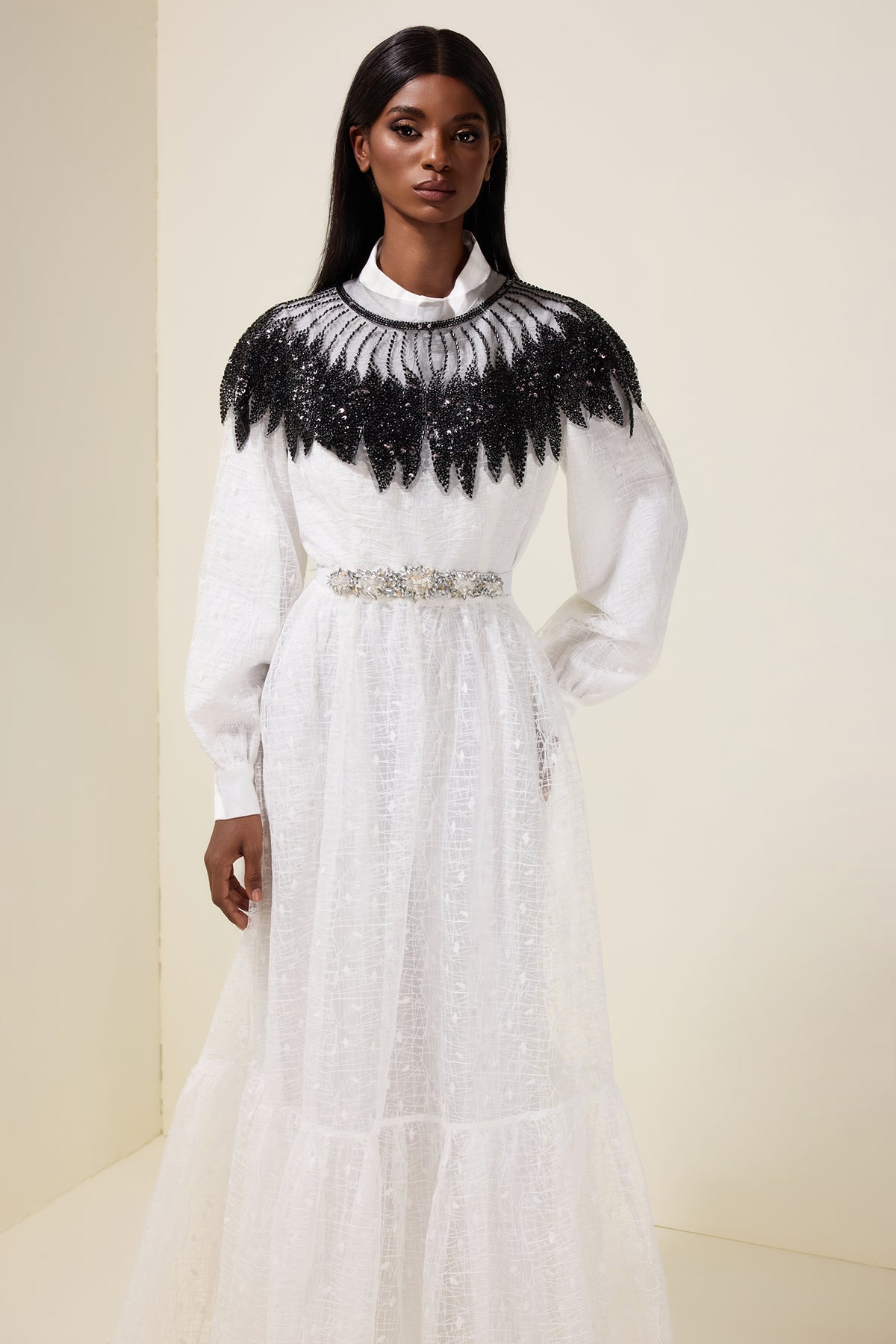 Embroidered Long Sleeve Dress With Sequin Cape