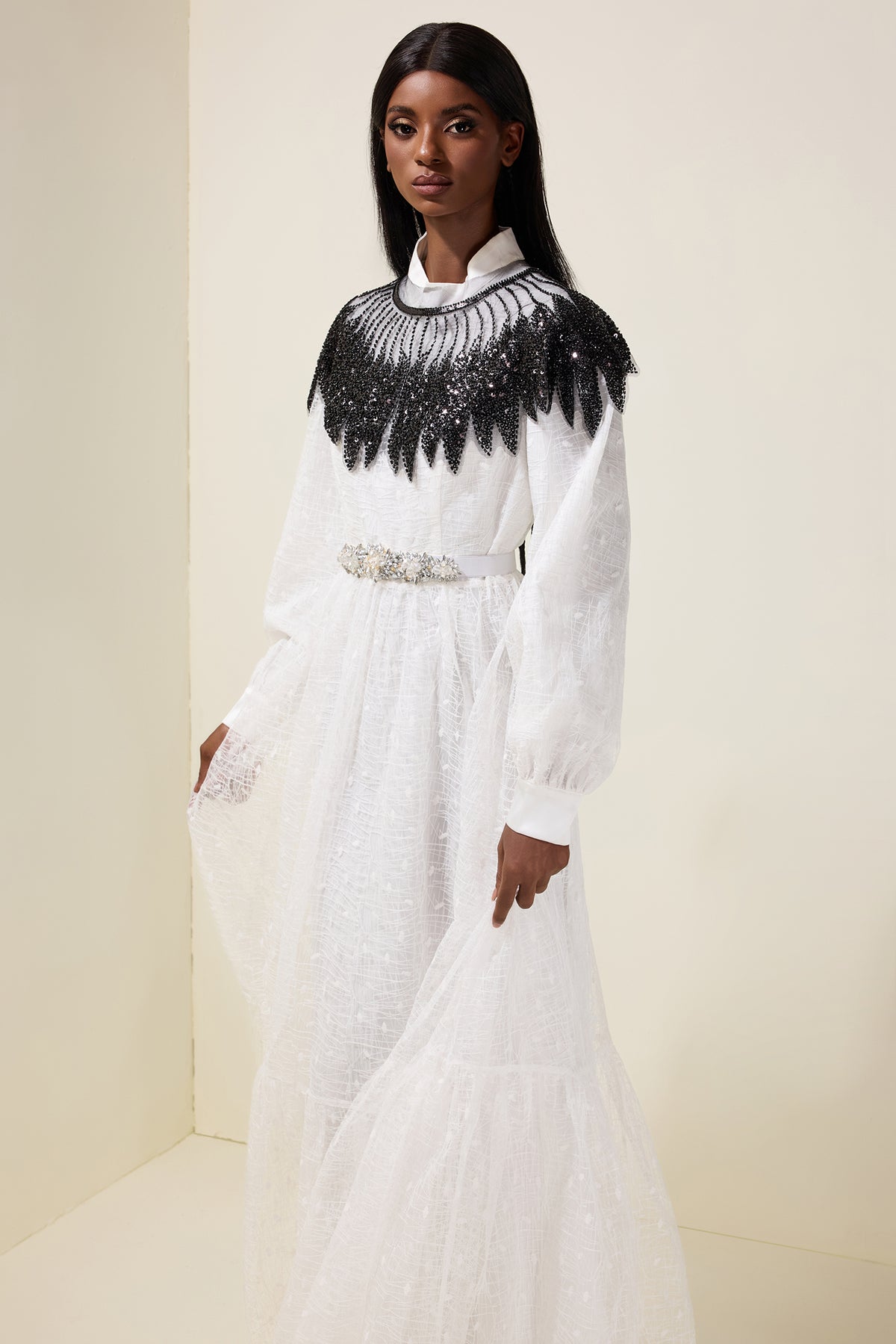 Embroidered Long Sleeve Dress With Sequin Cape