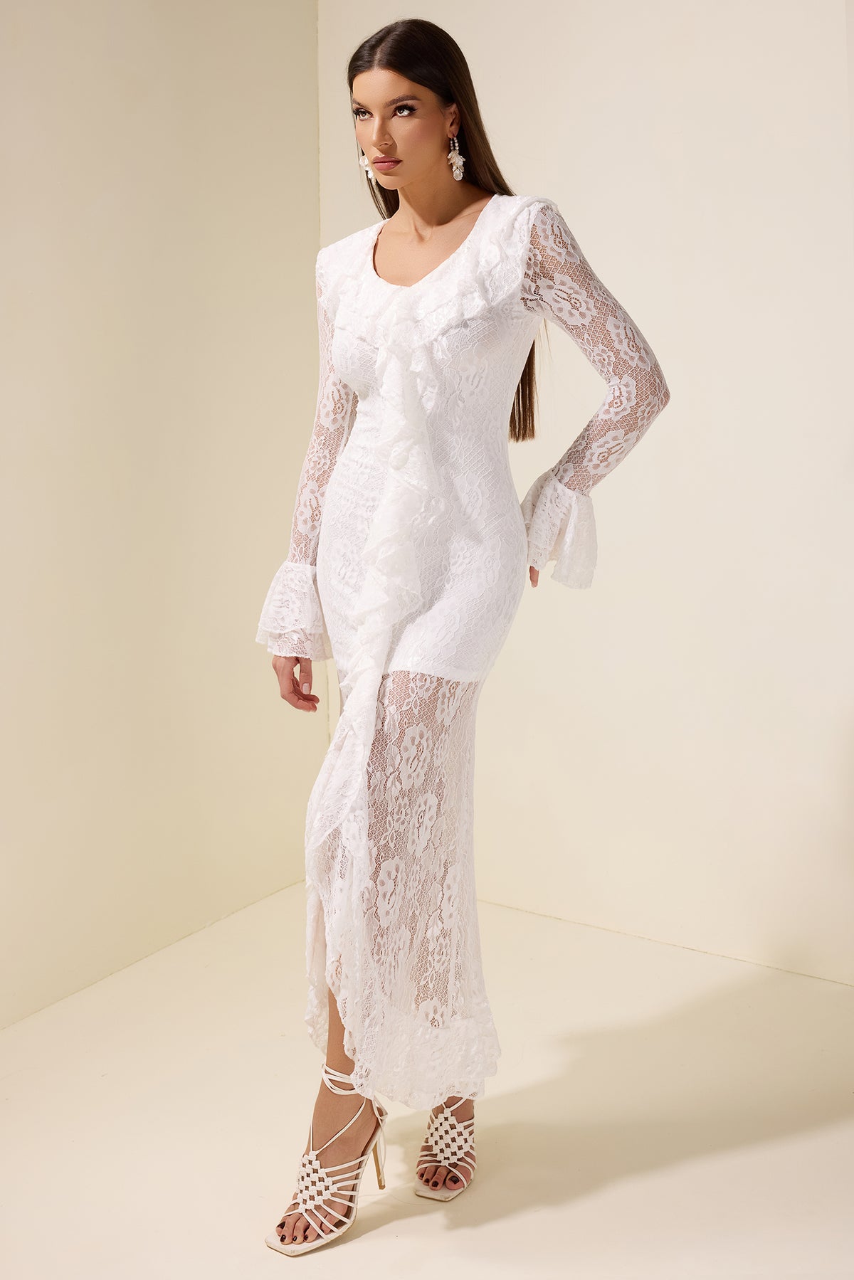 Lace Ruffle Long Sleeve Midi Dress