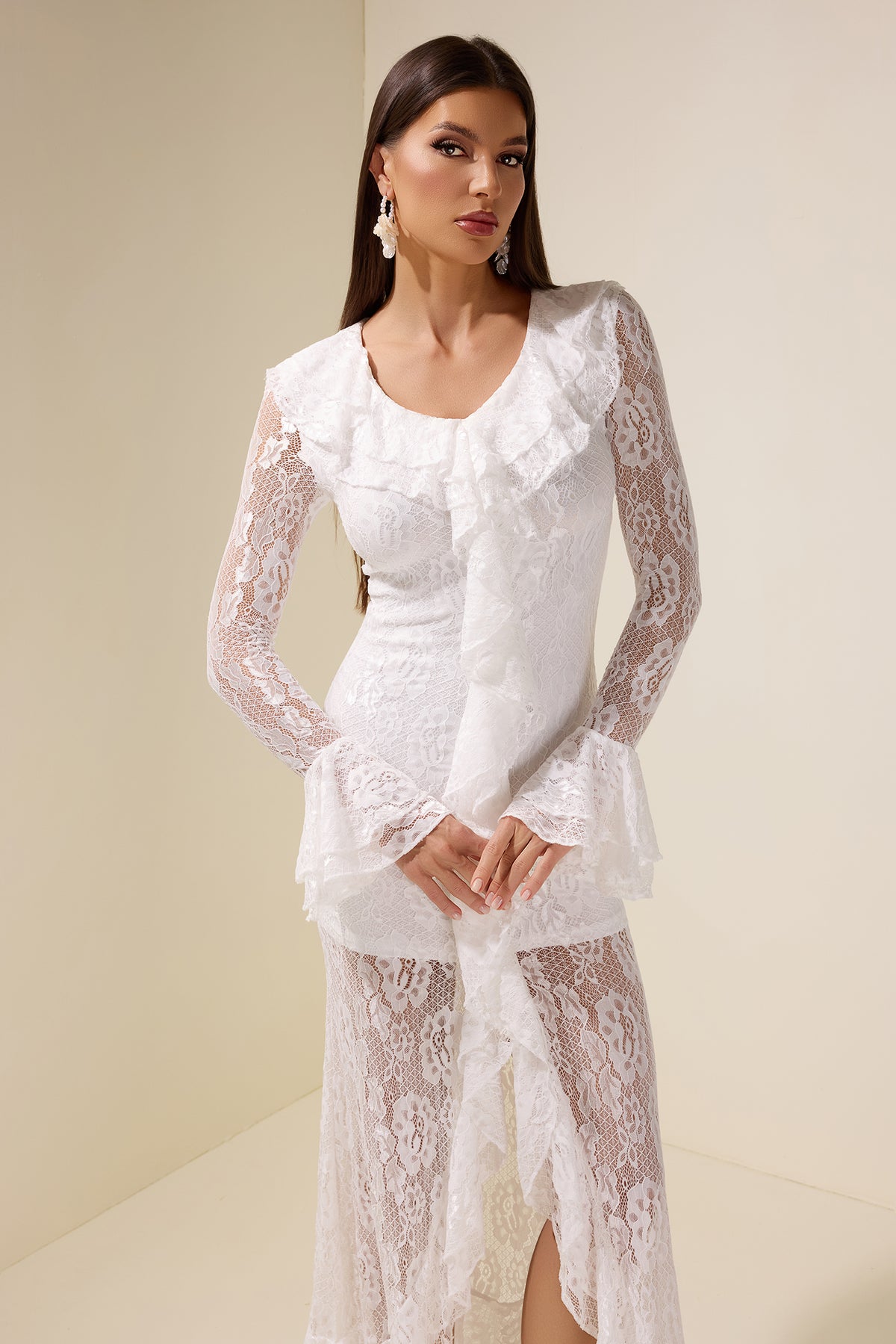 Lace Ruffle Long Sleeve Midi Dress