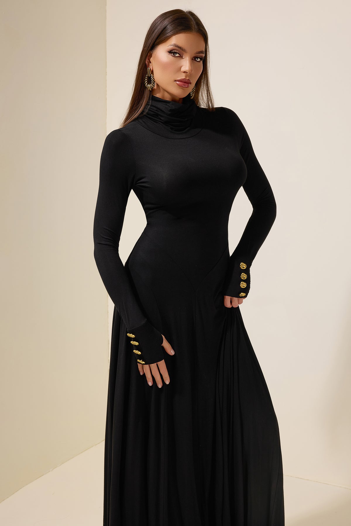 Jersey Metal Button Long Sleeve Maxi Dress