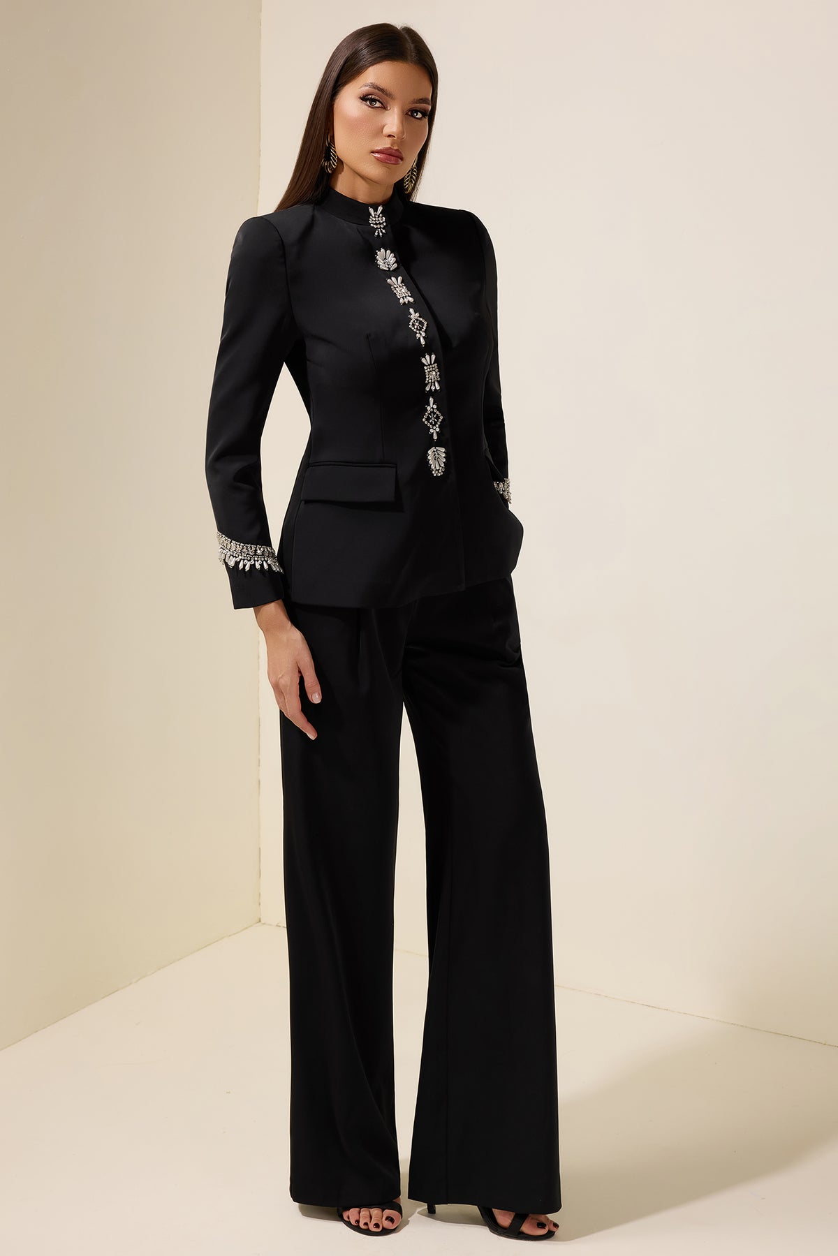 Nail Bead Embroidery Stand Collar Blazer & High Waist Pants Set